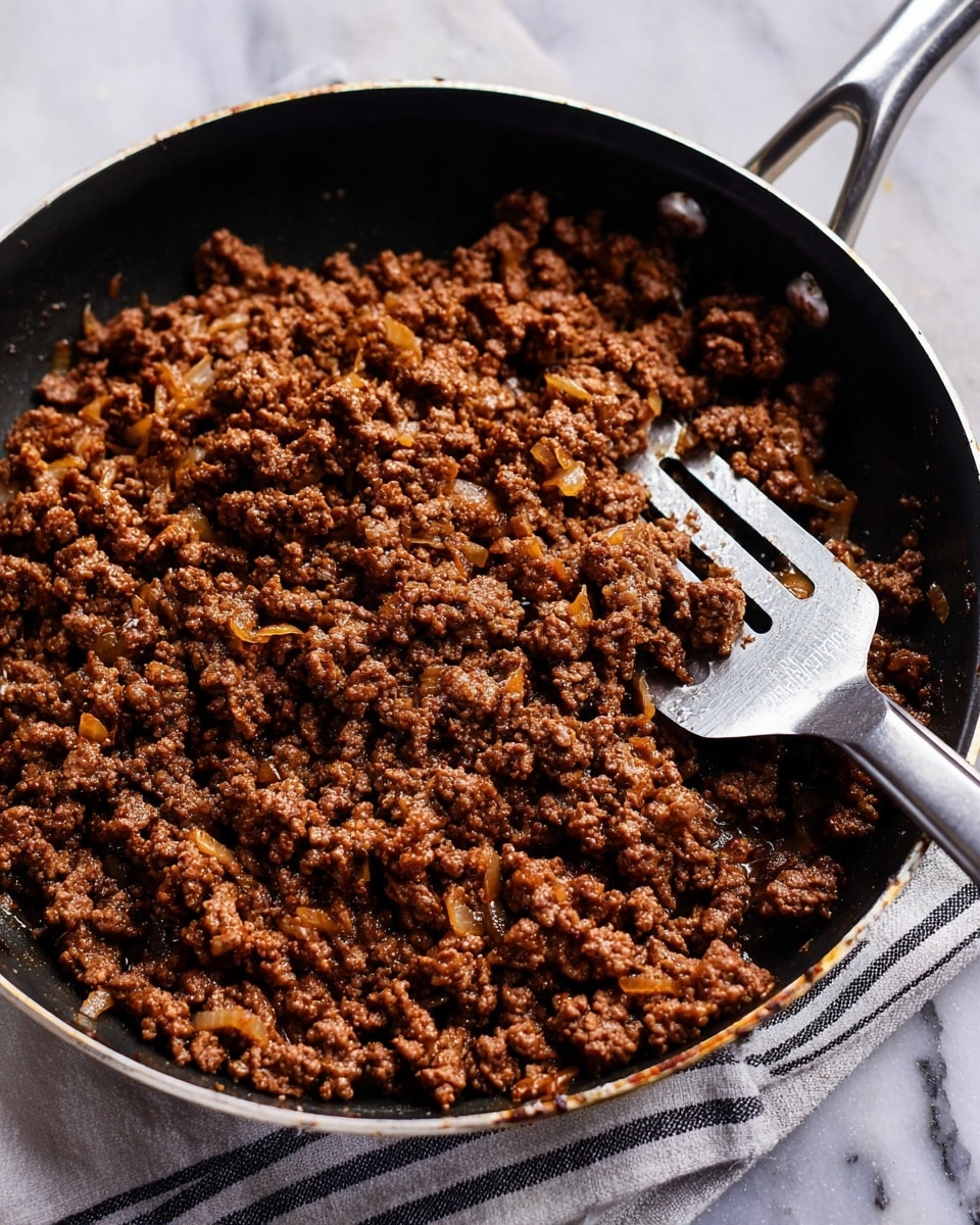 A close-up view of cooked ground beef mixed with finely chopped onions in a black pan with a silver handle. The beef is evenly browned with a rich, dark brown color, and the bits of onion are light golden brown. A large silver spatula rests on the right side of the pan, partially under the cooked meat. The pan sits on a white marbled surface with a striped cloth underneath. Photo taken with an iphone --ar 4:5 --v 7
