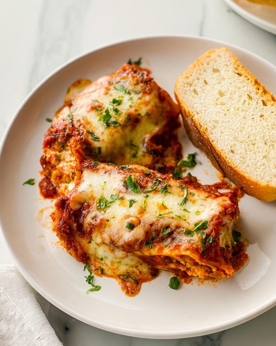 The image shows two pieces of baked stuffed pasta on a white plate. Each pasta piece has a melted layer of light golden cheese on top, with some browned spots. Underneath the cheese, there is a rich red tomato sauce that partly covers the pasta, giving it a textured look. Fresh green herb pieces are sprinkled on top and around the pasta for color contrast. A slice of bread with a light crust and soft inside sits next to the pasta. The plate is placed on a white marbled surface. Photo taken with an iphone --ar 4:5 --v 7
