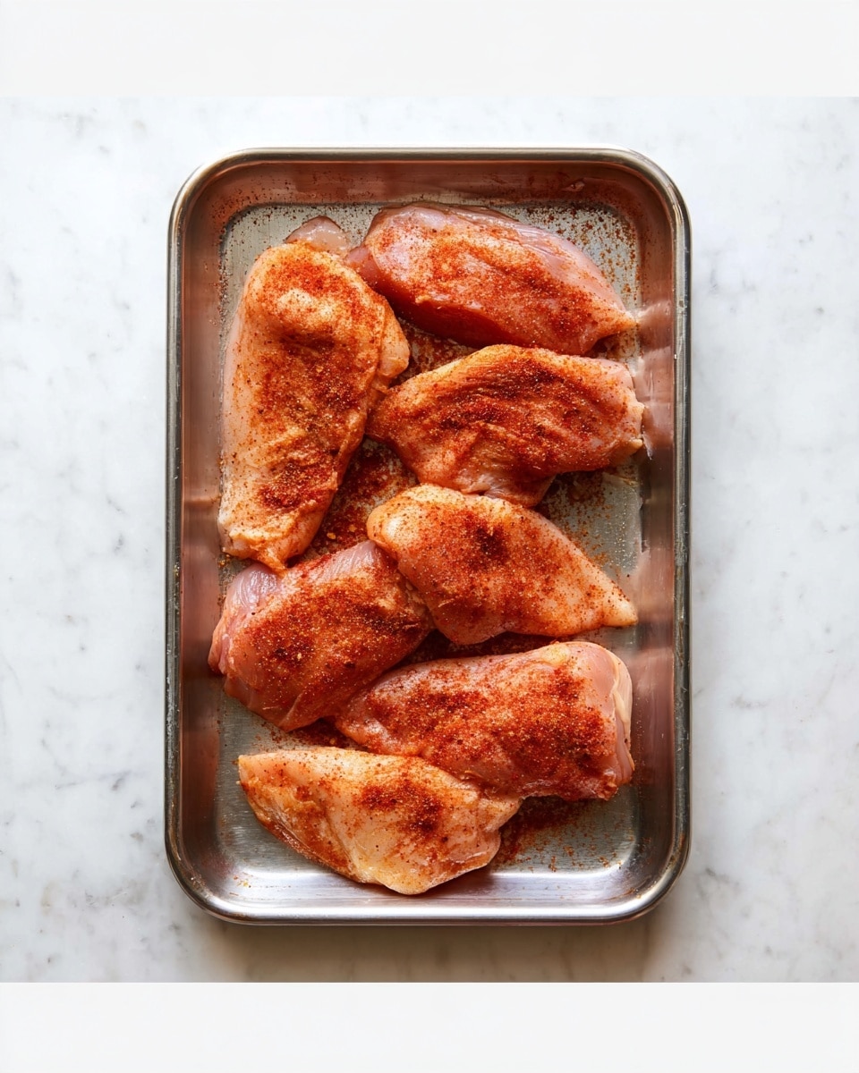 A metal tray holds six pieces of raw chicken, each sprinkled with a reddish spice mix. The chicken pieces vary in size and shape, arranged in two uneven columns. The tray rests on a white marbled surface, providing a clean and bright background. The chicken has a fresh, moist texture with the spice mix evenly covering the top of each piece. photo taken with an iphone --ar 4:5 --v 7