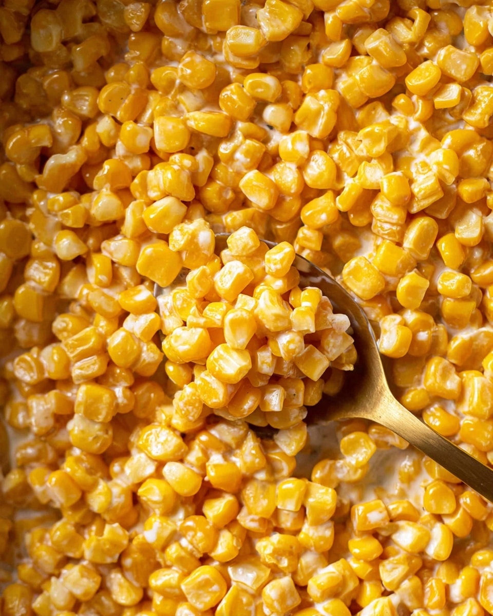 This is a close-up image of creamy yellow corn kernels mixed evenly with white sauce, showing a smooth and soft texture throughout. A shiny gold spoon is partly dipped at the lower right side, with the spoon's bowl holding a small heap of the corn mixture. The background is a subtle white marbled texture that contrasts gently with the bright yellow corn. The image feels warm and rich, focusing on the creamy coating that binds the corn kernels together photo taken with an iphone --ar 4:5 --v 7