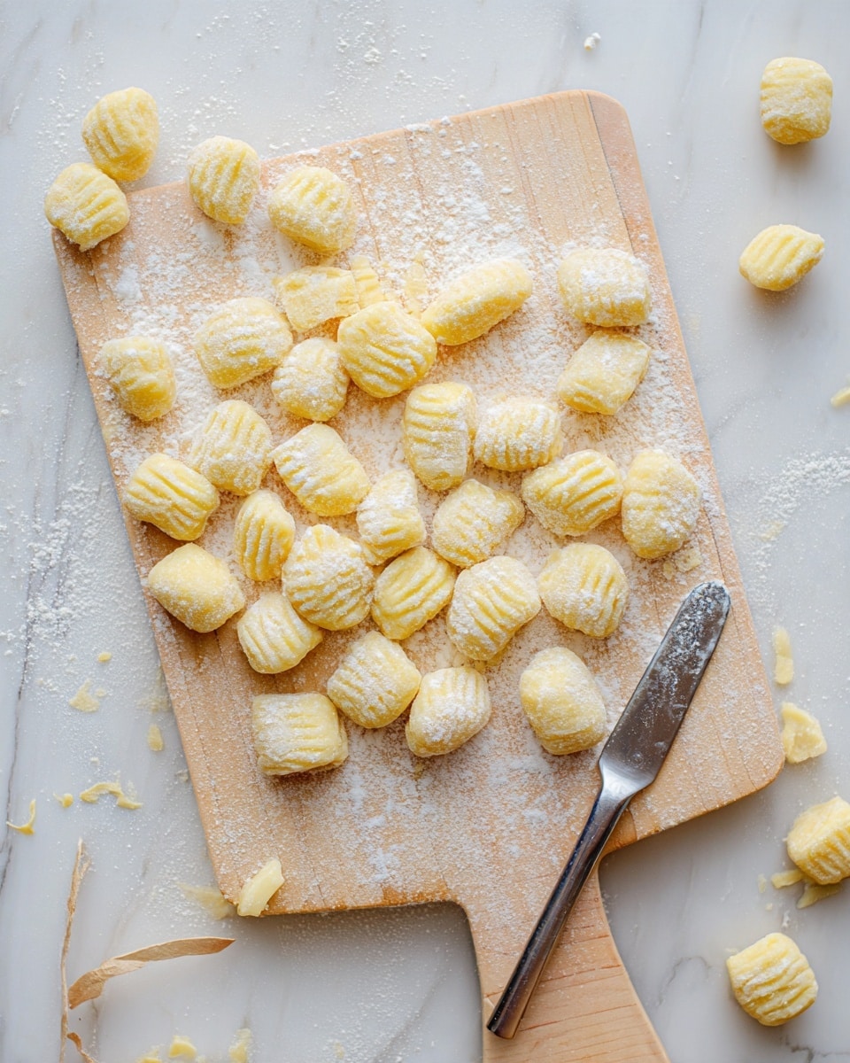 The image shows many small pieces of raw gnocchi dough with a pale yellow color dusted with white flour scattered around a light wooden cutting board on a white marbled surface. Some gnocchi pieces have visible ribbed patterns made by pressing with a small ridged wooden tool placed on the board, while others are plain small rounded cushions. A metal butter knife with small dough remnants lays on the surface at the bottom right corner. The whole scene has a soft, natural light giving a homemade and fresh atmosphere. photo taken with an iphone --ar 4:5 --v 7
