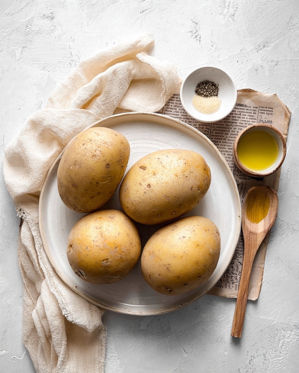 A round white plate with four whole raw potatoes placed in a loose cluster, each potato showing light brown skin with small eyes and rough spots; near the top right of the plate are three small containers—a white small bowl with some black and white pepper, a wooden spoon holding a light beige powder, and a small ceramic cup filled with yellowish oil; the plate rests on a piece of torn newspaper and is placed on a white marbled textured surface, with a cream-colored cloth loosely folded on the left side photo taken with an iphone --ar 4:5 --v 7