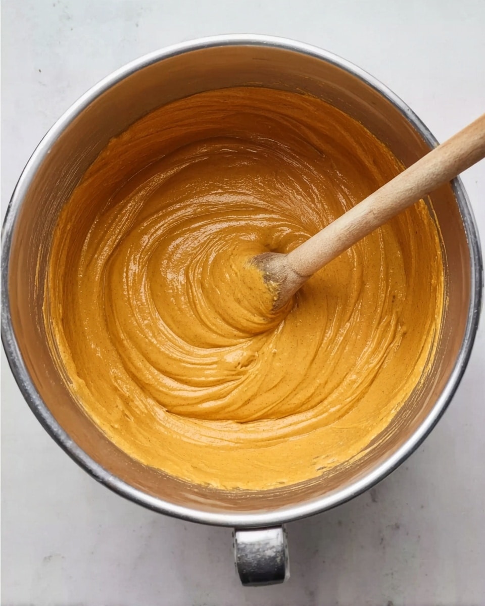 A shiny metal mixing bowl holds a thick, smooth orange batter with a creamy texture, swirling gently in the center. Inside the bowl, a wooden spoon with a light brown handle rests diagonally, partially covered with the same orange batter. The bowl is placed on a white marbled surface, and the overall image shows a close-up, top-down view of the mixing process. photo taken with an iphone --ar 4:5 --v 7