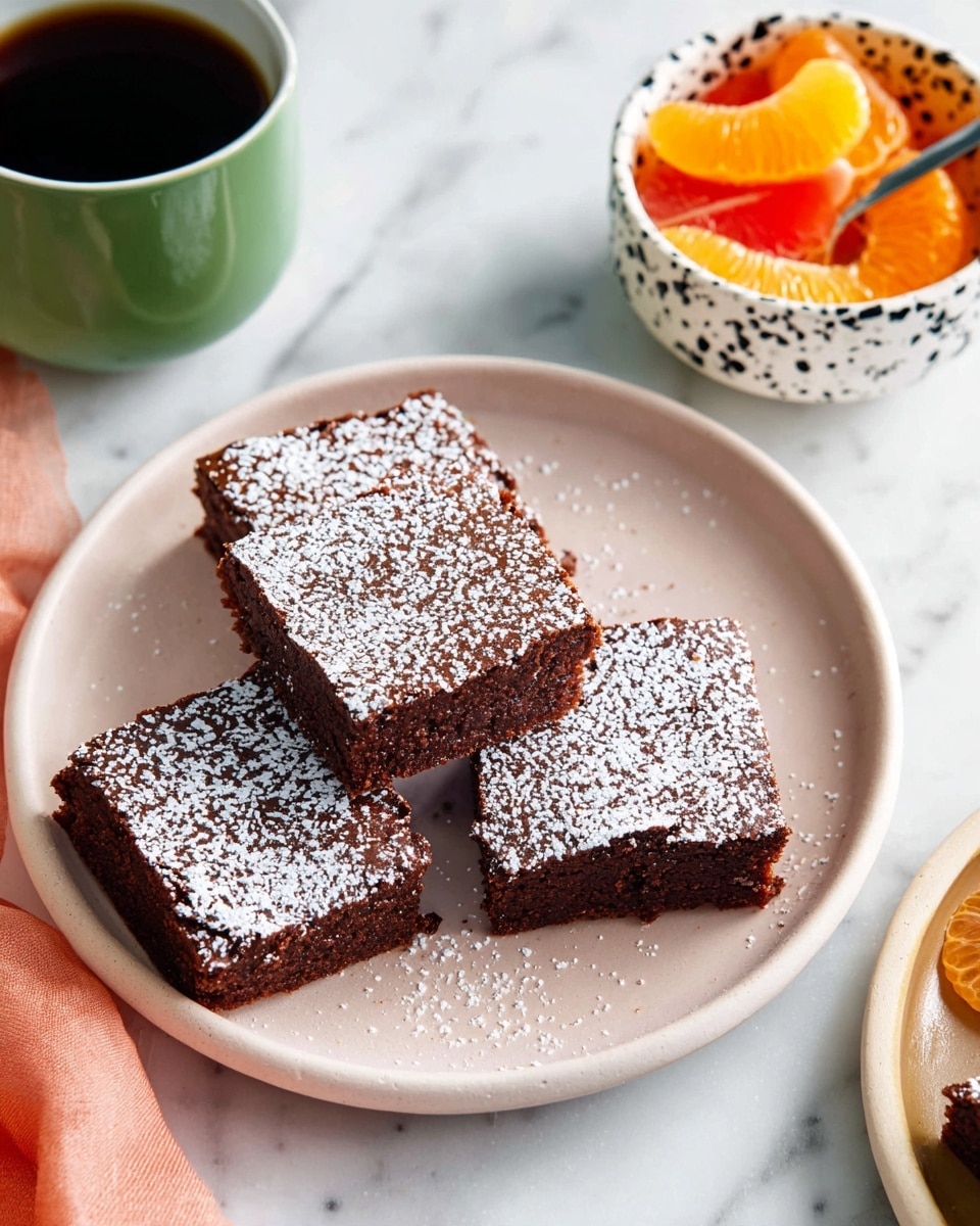 Four square chocolate brownies with a soft texture are placed on a round white plate. Each brownie has a dusting of powdered sugar on top, creating a light white sprinkle over the rich brown surface. To the right side, a small white bowl with black spots holds a bright orange sliced fruit with a spoon inside. The background has a white marbled texture. A green cup filled with black coffee is partially visible in the upper left corner. photo taken with an iphone --ar 4:5 --v 7