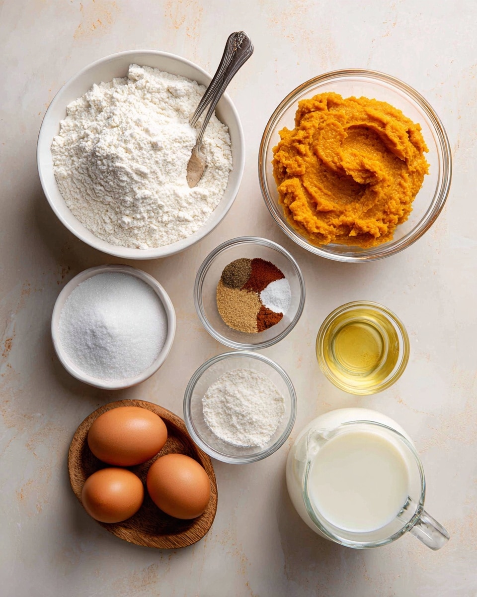 The image shows seven small containers with different ingredients on a white marbled surface. At the top left, there is a white bowl filled with white flour and a silver spoon resting in it. Next to it, on the right, is a glass bowl with smooth orange pumpkin puree and a silver spoon inside. To the right again, there is a small white bowl holding a mix of brown and white spices and salt. Below the flour, there is a wooden tray holding two brown eggs. In the center below the pumpkin, a small white bowl filled with white sugar is placed. To the right of sugar, a small clear glass cup holds some light yellow oil. At the bottom right, a clear glass measuring jug contains white milk. photo taken with an iphone --ar 4:5 --v 7