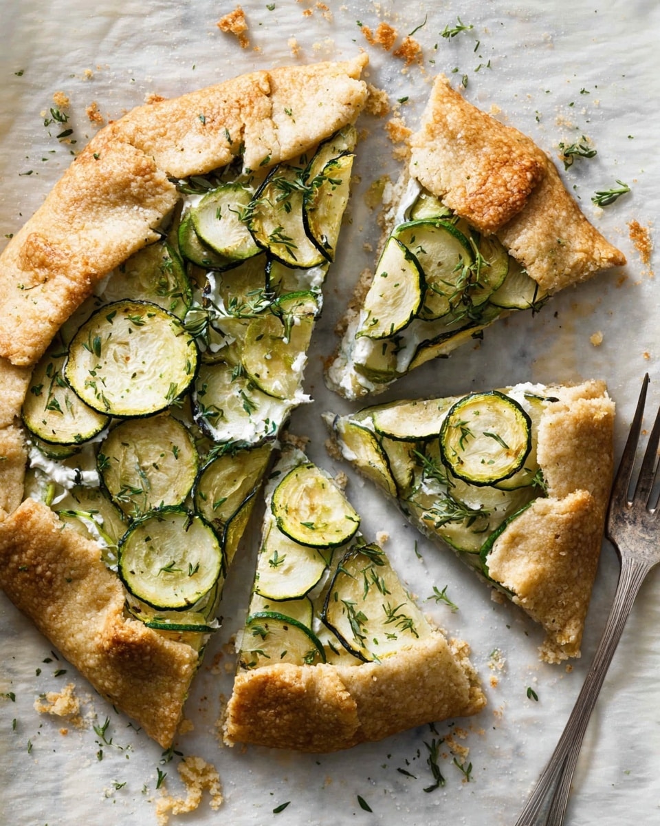 A round galette with a thick, golden-brown crust folded over the edges, showing a filling of thin green zucchini slices layered in the center, mixed with a white creamy spread visible between the zucchini layers, sprinkled with small green herbs; three slices are cut but still placed in a circle, one slice is held by a fork on the upper right; the galette sits on light parchment paper over a white marbled surface with crumbs scattered around. photo taken with an iphone --ar 4:5 --v 7
