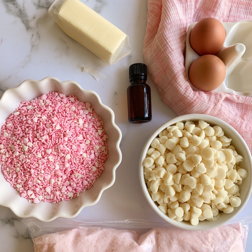 The image shows various baking ingredients arranged on a white marbled surface. There is a white scalloped bowl filled with pink sprinkles mixed with small heart-shaped and round shapes on the left side. Above it, a stick of butter with a pale yellow color is partially unwrapped. To the right of the butter, a small dark brown bottle labeled vanilla extract stands upright. Further right, two brown eggs sit in a white egg holder on top of a soft pink checkered cloth. Below the eggs, a white bowl holds creamy white chocolate chips. At the bottom of the image, a clear bag contains light pink strawberry cake mix. photo taken with an iphone --ar 4:5 --v 7