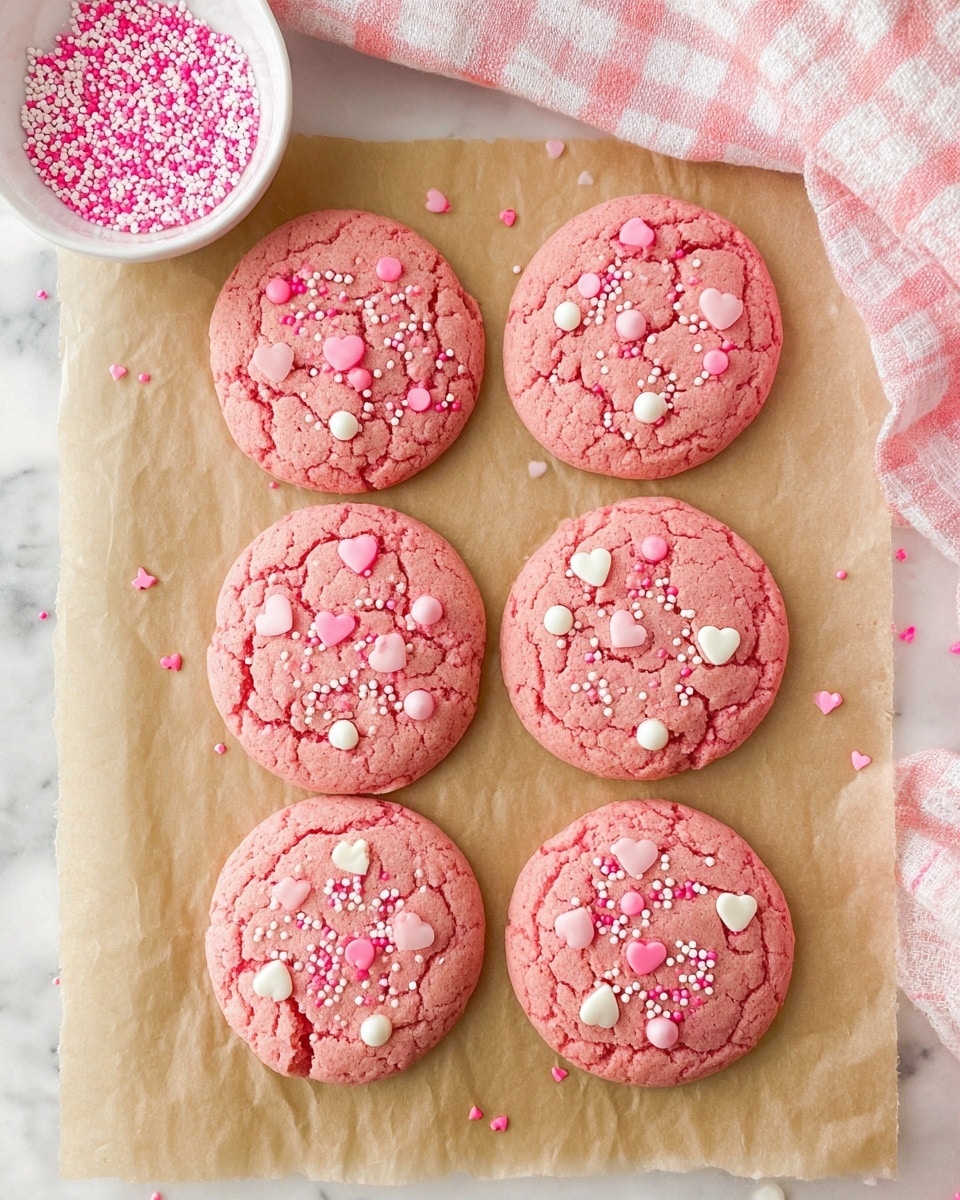 Six round pink cookies with a crackled texture lie in two vertical rows on brown parchment paper over a white marbled surface. Each cookie is topped with small white chocolate chips and various pink and white round and heart-shaped sprinkles. At the top left corner, there is a white bowl filled with pink sprinkles and a pink and white checkered cloth covers part of the top side. The image has bright natural light. photo taken with an iphone --ar 4:5 --v 7