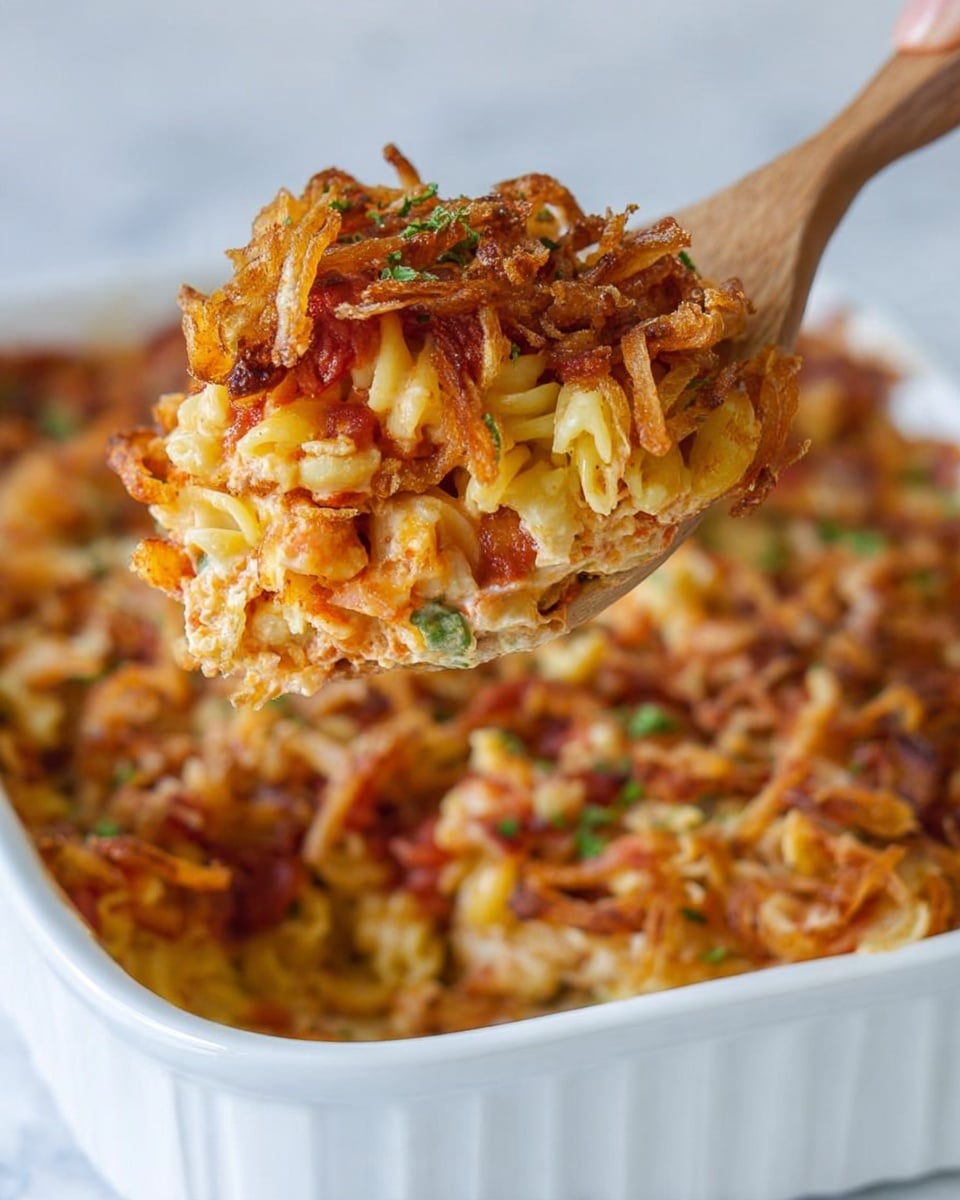 The image shows a spoonful of baked macaroni and cheese being lifted from a white casserole dish set on a white marbled surface. The dish has visible layers including yellow macaroni pasta mixed with a rich red tomato sauce, topped with crispy golden-brown fried onions and some green herb pieces sprinkled throughout. The textures include soft pasta covered in sauce with a crunchy, uneven topping. A woman's hand is holding a wooden spoon that lifts the macaroni from the dish. In the background, more of the casserole is visible, showing the same layered mix of pasta, sauce, and crispy topping. Photo taken with an iphone --ar 4:5 --v 7
