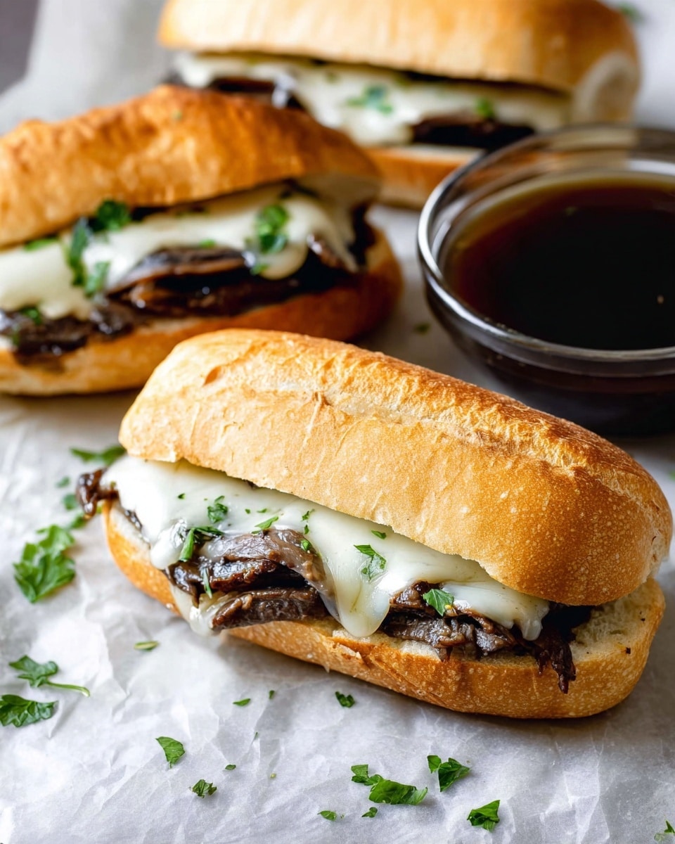 The image shows three sandwiches on a white marbled surface with some green parsley leaves scattered around. Each sandwich has a long, light brown bun with a soft texture. Inside, there is a dark brown layer of cooked meat topped with a layer of melted white cheese that looks smooth and slightly stretchy. Near the sandwiches, there is a clear glass bowl filled with dark broth. The focus is on the sandwich in the middle, which looks juicy and fresh. Photo taken with an iphone --ar 4:5 --v 7