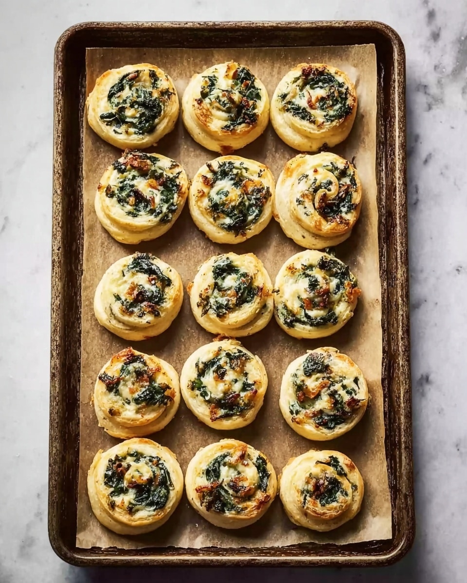 The image shows a baking tray lined with parchment paper, holding 15 small, round pinwheel pastries arranged in three columns and five rows. Each pastry has a light golden-brown outer layer with a slightly puffed, flaky texture. The inside swirled layer contains a creamy white filling mixed with green leafy bits and small brown or caramelized spots, indicating cooked spinach or herbs and browned cheese or seasoning. The pastries look freshly baked with an inviting warm color contrast between the golden dough and dark green herb filling. The background surface is a white marbled texture. photo taken with an iphone --ar 4:5 --v 7