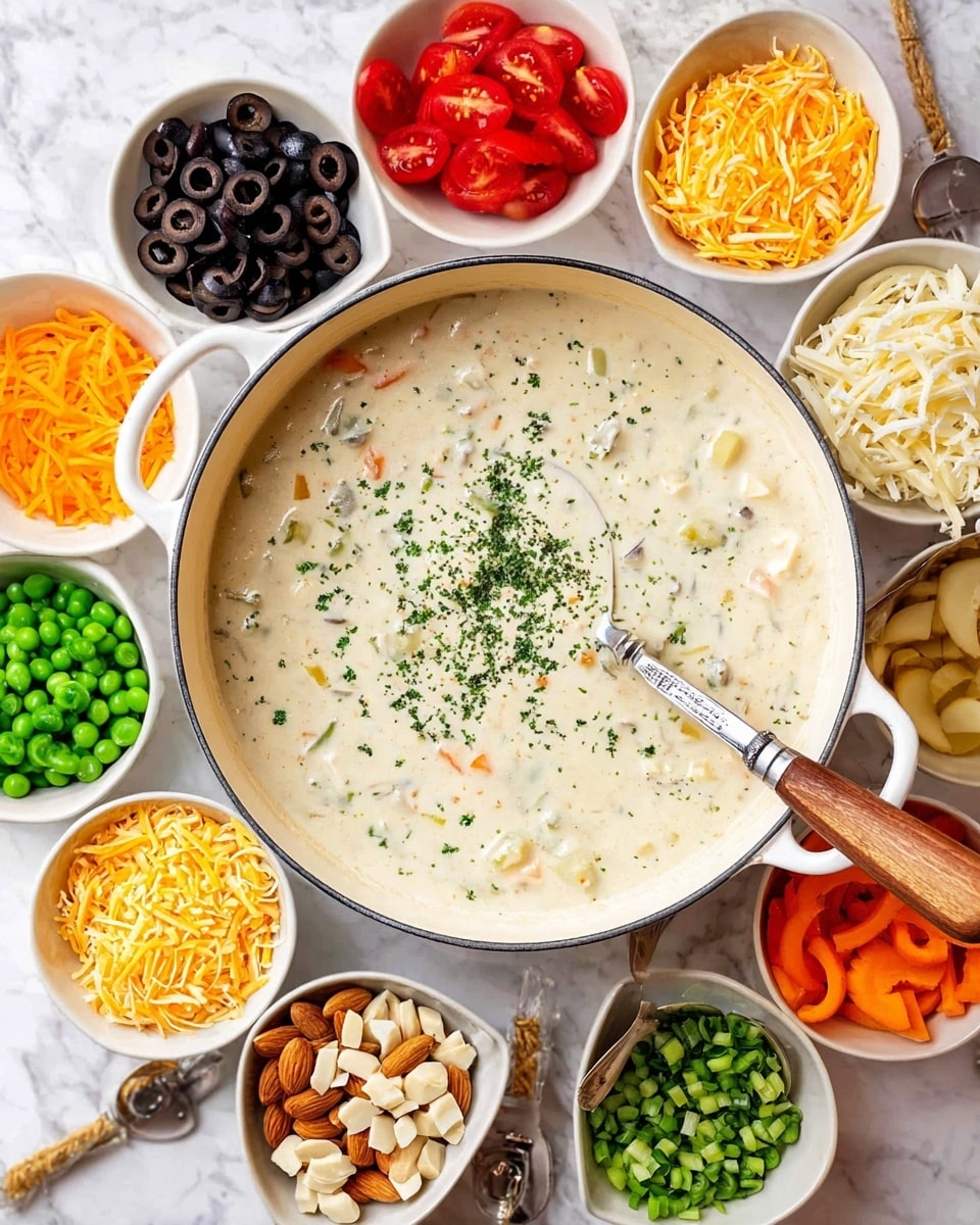 A large white pot filled with a creamy, thick white soup sprinkled with green herbs on top, with visible small chunks inside; a wooden spoon with a silver handle is dipped into the soup. Surrounding the pot are eleven small white bowls arranged in a loose circle on a white marbled surface, each bowl containing different colorful ingredients: sliced black olives, bright orange shredded carrots, chopped green onions, crunchy beige chow mein noodles, shredded yellow cheese, sliced almonds, small green peas, cubed white potatoes, diced red tomatoes, sliced green celery, and chopped orange bell peppers. photo taken with an iphone --ar 4:5 --v 7
