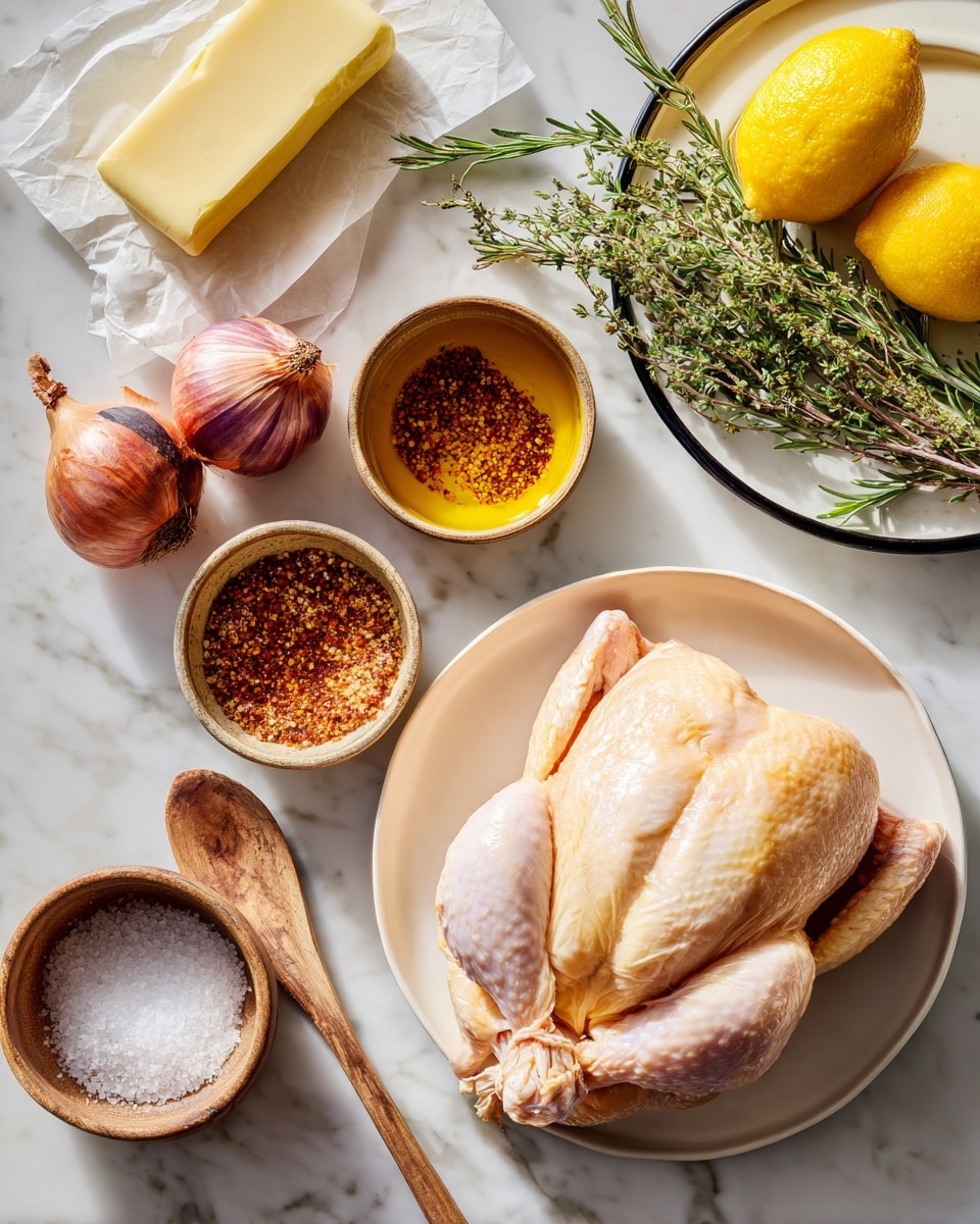 A whole raw chicken sits center bottom on a large white plate, its pale skin smooth with subtle pink and yellow hues, wings tucked underneath. Above it, two small brown bowls hold golden oil and a mix of reddish spices, showing smooth and coarse textures respectively. To the left, two shiny shallots with brownish-purple skins rest side by side, and next to them is a slightly unwrapped stick of yellow butter on white paper. Below, a small round wooden bowl holds white salt with a wooden spoon next to it. On the top right, a white plate with a thin black rim carries a bright yellow lemon and several fresh green herbs, including sprigs of rosemary and thyme. All items are arranged on a white marbled surface. Photo taken with an iphone --ar 4:5 --v 7