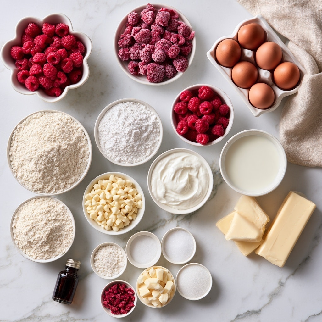 A top-down view of arranged baking ingredients on a white marbled surface, including fresh raspberries in a white flower-shaped bowl at the top left, frozen raspberries in a white round bowl centered near the top, and six brown eggs grouped in a white egg tray with a beige cloth near the top right. Below the berries are several small white bowls with different ingredients: all-purpose flour, powdered sugar, white chocolate chips, sour cream, whole milk, and butter sticks. At the bottom left is a small dark bottle of vanilla extract next to a cluster of small bowls containing baking powder, salt, baking soda, white chocolate chunks, granulated sugar, and freeze dried raspberries. Each item is clearly visible with distinct colors and textures in a neat, organized layout. Photo taken with an iphone --ar 4:5 --v 7