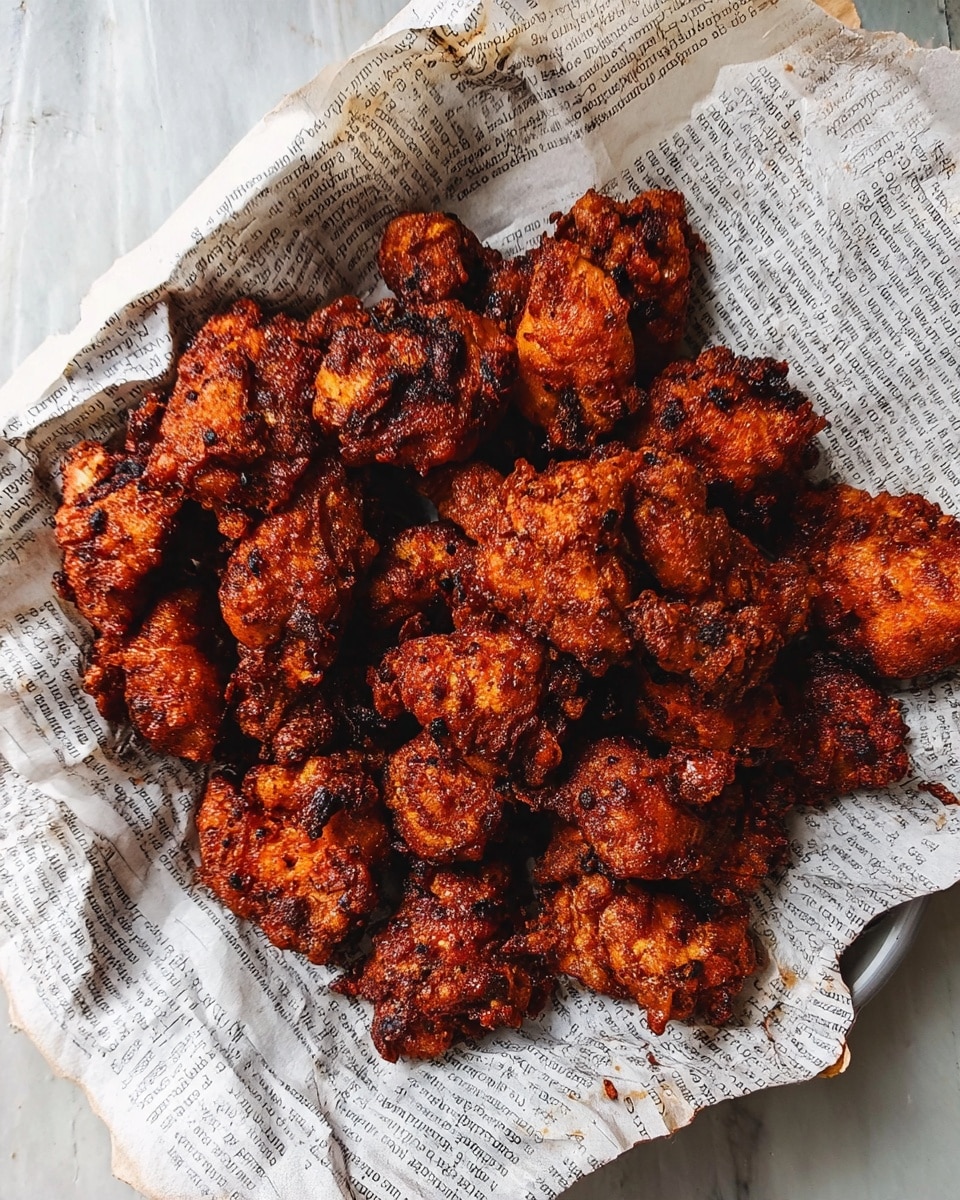 A pile of small, fried chicken pieces with a crispy, deep brown and reddish skin sits on crumpled newspaper sheets placed over a white marbled surface. The chicken pieces have an uneven, crunchy texture with various sizes grouped closely together, showing some darker charred spots. The crumpled newspaper beneath adds a rustic, casual look to the presentation. photo taken with an iphone --ar 4:5 --v 7