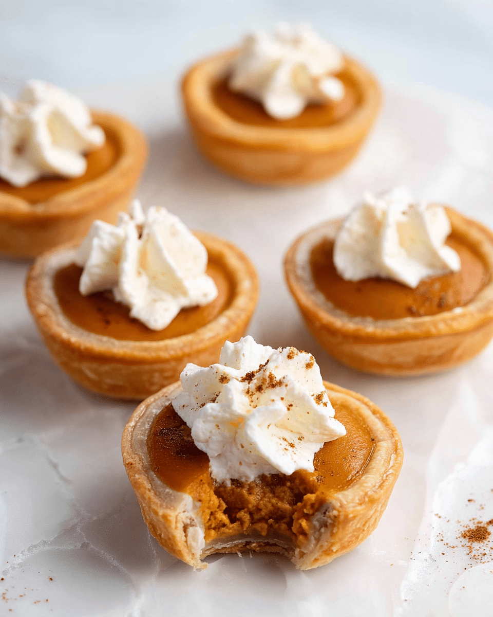 The image shows five small pumpkin pies on a white marbled surface, each with a golden-brown crust base and a smooth orange pumpkin filling layer. On top of each pie, there is a dollop of white whipped cream with a light sprinkle of brown cinnamon powder. One pie in the front center is partially eaten, revealing the thick, soft texture of the orange pumpkin filling inside the crust. The overall scene is simple and warm with a focus on the mini pumpkin pies. Photo taken with an iphone --ar 4:5 --v 7