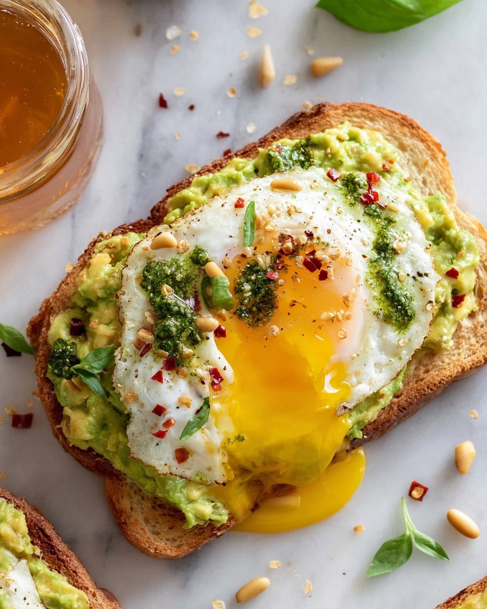 A close-up of an open sandwich on a white marbled surface with one slice of toasted bread as the base, topped with mashed avocado spread and a fried egg. The egg has a white, slightly crispy edge and a runny, golden yellow yolk oozing on the left side. The egg is sprinkled with green herb sauce, red chili flakes, and a few light pine nuts. A fresh basil leaf is partially visible at the top, and a small glass jar filled with golden honey sits nearby. Some mashed avocado and pine nuts are scattered around the sandwich. Photo taken with an iphone --ar 4:5 --v 7