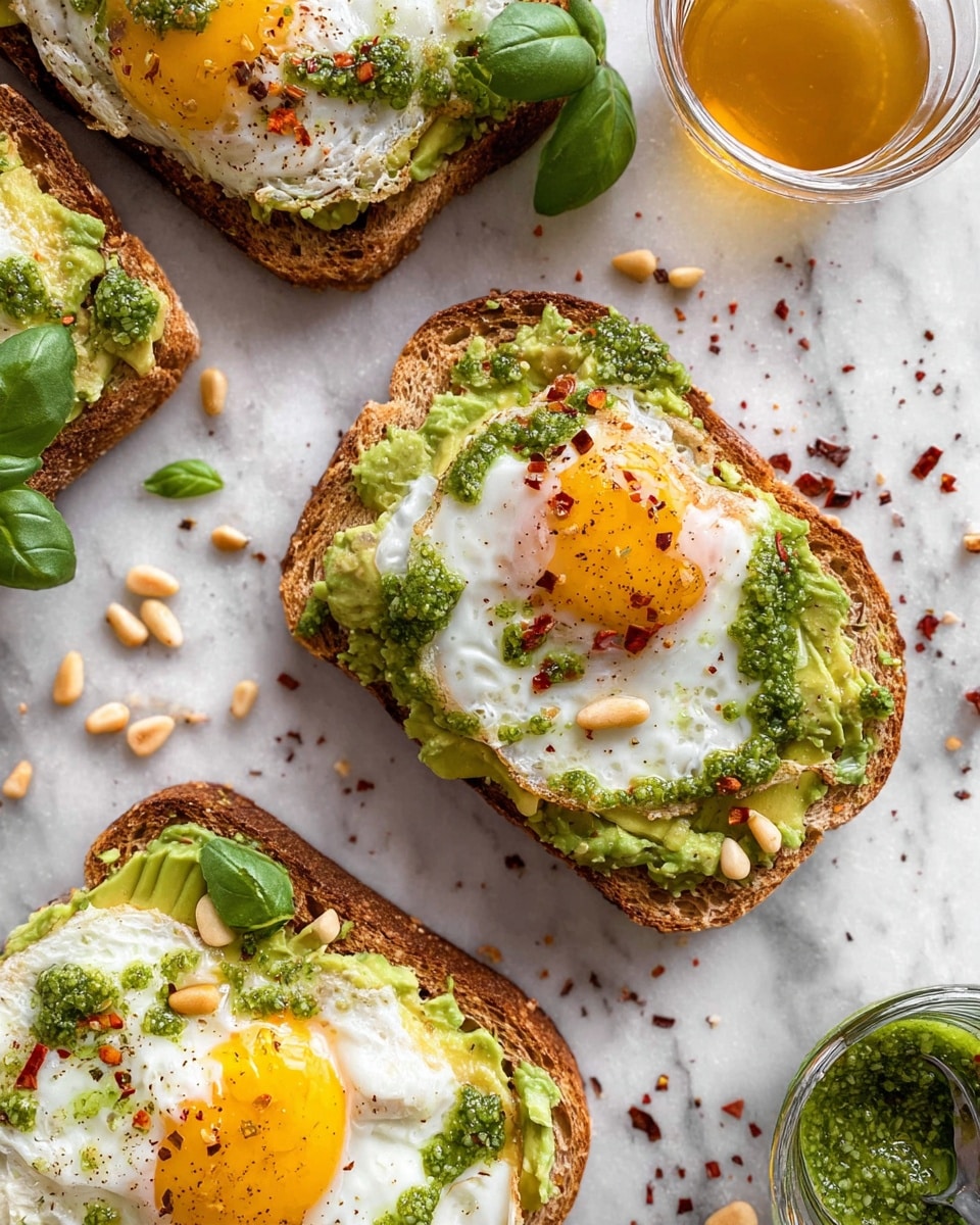 The image shows slices of toasted brown bread layered with mashed avocado spread evenly on each piece, topped with a single fried egg that has slightly browned edges and a cooked white center with a small round yolk spot. Over the egg, there is a drizzle of green pesto sauce sprinkled with small pine nuts and red chili flakes. The toast pieces are placed on a white marbled surface, scattered with extra pine nuts, red chili flakes, and fresh green basil leaves. Small glass bowls hold green pesto sauce and a golden liquid, possibly honey or syrup, adding more color and texture to the scene. Photo taken with an iphone --ar 4:5 --v 7