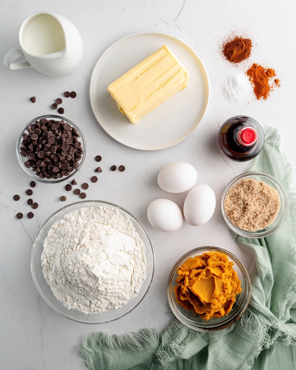 A white plate in the center holds a solid rectangular block of pale yellow butter. To the right, three whole white eggs sit inside a small white bowl. Below the butter plate is a clear glass bowl full of white flour with a slightly lumpy texture. Surrounding the flour are scattered dark brown chocolate chips, some loose and some in a small clear bowl to the left. Below the flour on the right is a small clear bowl filled with light brown sugar, showing clumps and a grainy texture. Near the bottom right corner, a small clear bowl contains bright orange pumpkin puree. At the bottom right edge, a dark bottle with a red cap lies next to a loosely placed light green cloth with frayed edges that spreads across the white marbled surface. Small piles of reddish-brown spice powder are scattered lightly around the ingredients. A small white jug partially filled with cream or milk sits on the far left. photo taken with an iphone --ar 4:5 --v 7