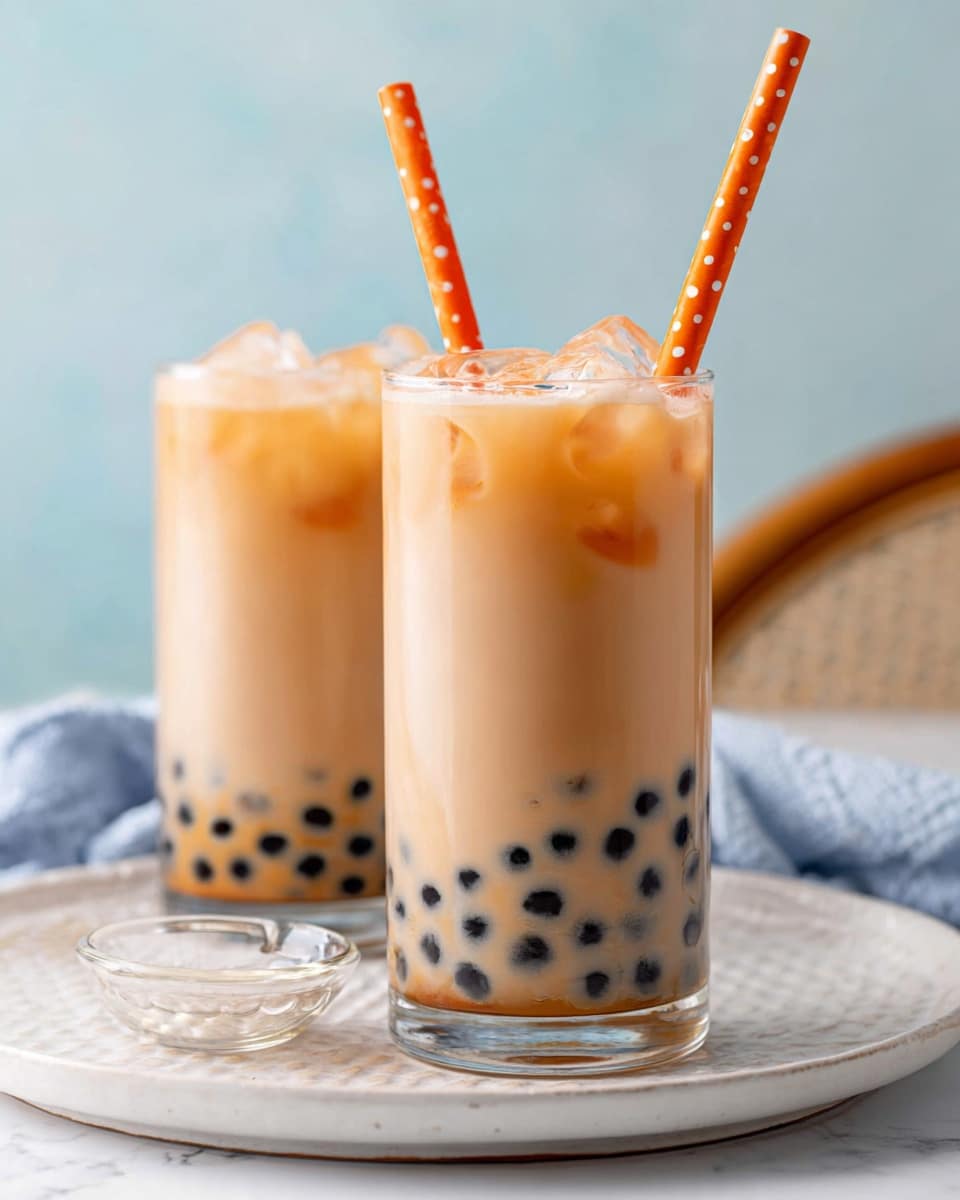 Two tall clear glasses are filled with layers of a creamy light brown iced drink, with the bottom layer showing black round tapioca pearls. Each glass has ice cubes floating near the top, and an orange polka dot paper straw is placed inside each drink, leaning slightly to the side. The glasses sit on a white plate with a textured edge, all set on a white marbled surface with a soft blue background and a blurred light brown chair in the distance. Photo taken with an iphone --ar 4:5 --v 7