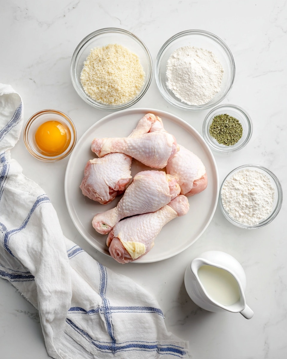 A white plate in the center holds four raw chicken drumsticks with light pink skin and some pale yellow fat near the ends. Surrounding the plate are six small clear glass bowls and one small white pitcher arranged on a white marbled surface. The bowls contain various ingredients: panko breadcrumbs (off-white and coarse), a single raw egg, black pepper, garlic powder (light yellow), flour (white and powdery), salt crystals (white), and dried parsley flakes (dark green). The white pitcher is filled with milk. To the bottom right, a white cloth with blue stripes is casually placed. Photo taken with an iphone --ar 4:5 --v 7
