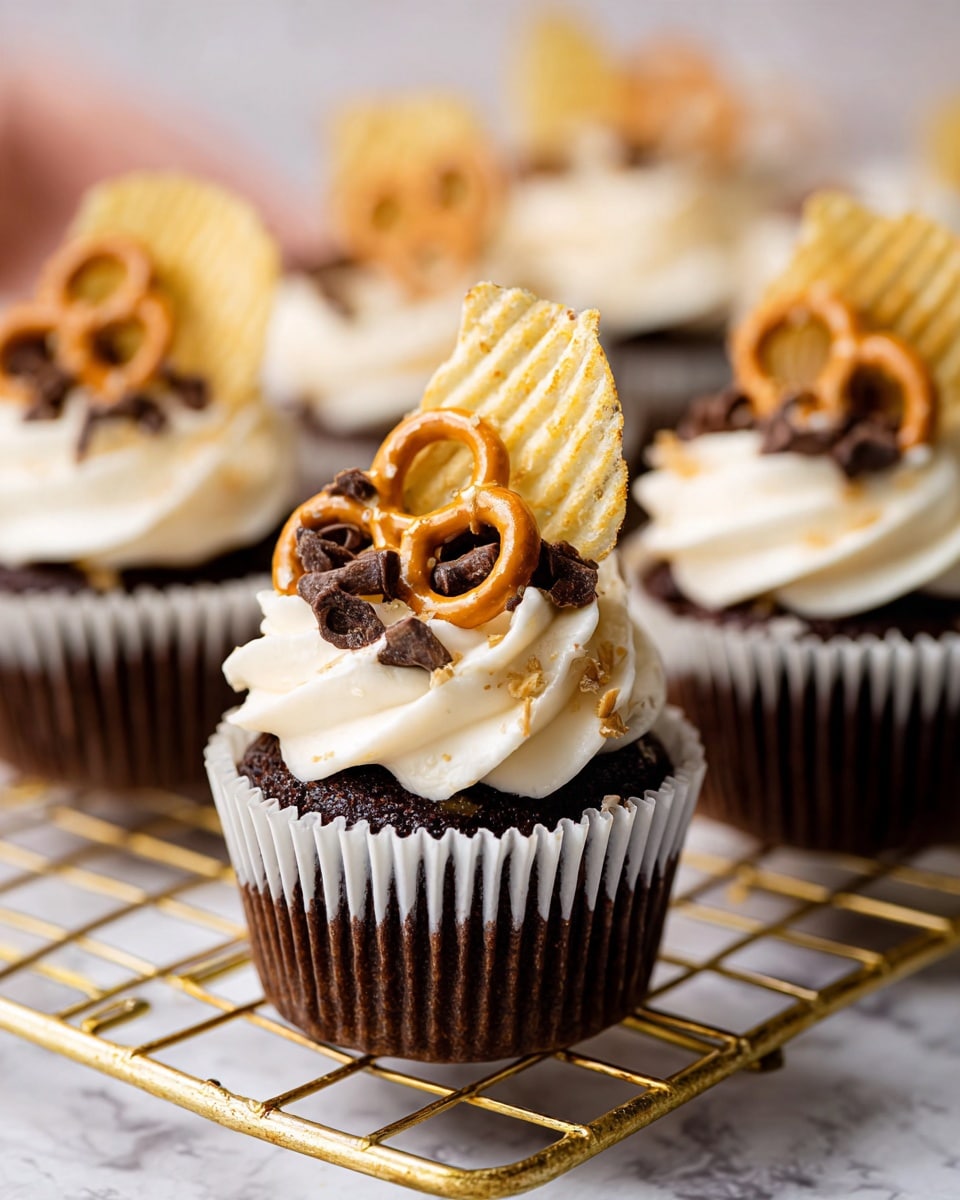 The image shows six chocolate cupcakes on a copper cooling rack placed over a white marbled surface. Each cupcake has one layer of dark brown chocolate cake topped with a thick swirl of creamy white frosting. On top of the frosting, there are small pieces of crunchy pretzels, crumbled potato chips, chocolate chips, and bits of nuts, adding texture and color contrast. Some cupcakes have whole potato chips and pretzels arranged neatly on top. The background includes scattered small pretzels, chips, and chocolate chips, enhancing the casual and delicious look. photo taken with an iphone --ar 4:5 --v 7