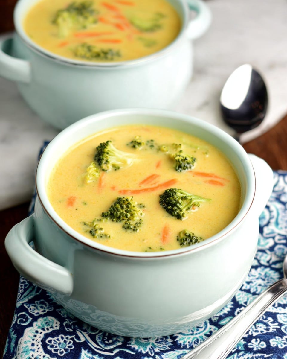 A light green ceramic bowl filled with a thick yellow soup that has visible pieces of bright green broccoli florets and thin orange carrot sticks floating on top. The bowl sits on a matching light green saucer, which is placed on a white marbled surface with a blue and white patterned cloth underneath. In the background, there is another bowl with the same soup, and a silver spoon rests beside the front bowl. The lighting highlights the smooth texture of the soup and the fresh vegetables, photo taken with an iphone --ar 4:5 --v 7
