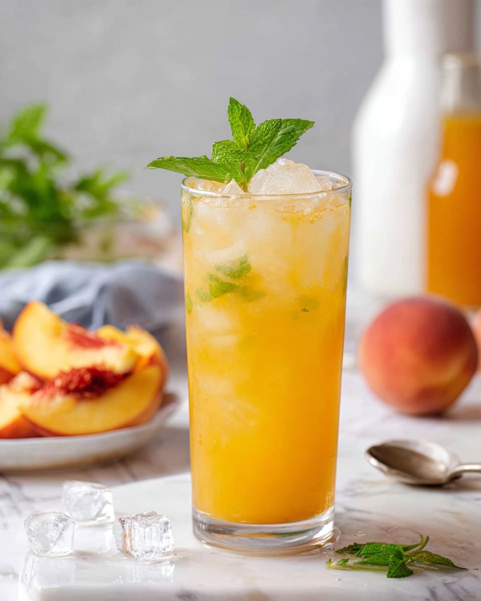 A tall clear glass is filled with a bright orange drink that has a slightly cloudy texture. The bottom half is a smooth, deep orange layer, while the top half is lighter and mixed with ice cubes that add a frosty look. A fresh green mint sprig stands out above the drink near the rim. The glass sits on a white marbled surface scattered with pieces of ice and small orange peach slices around it. There is another blurred glass with the same drink in the background. Photo taken with an iphone --ar 4:5 --v 7
