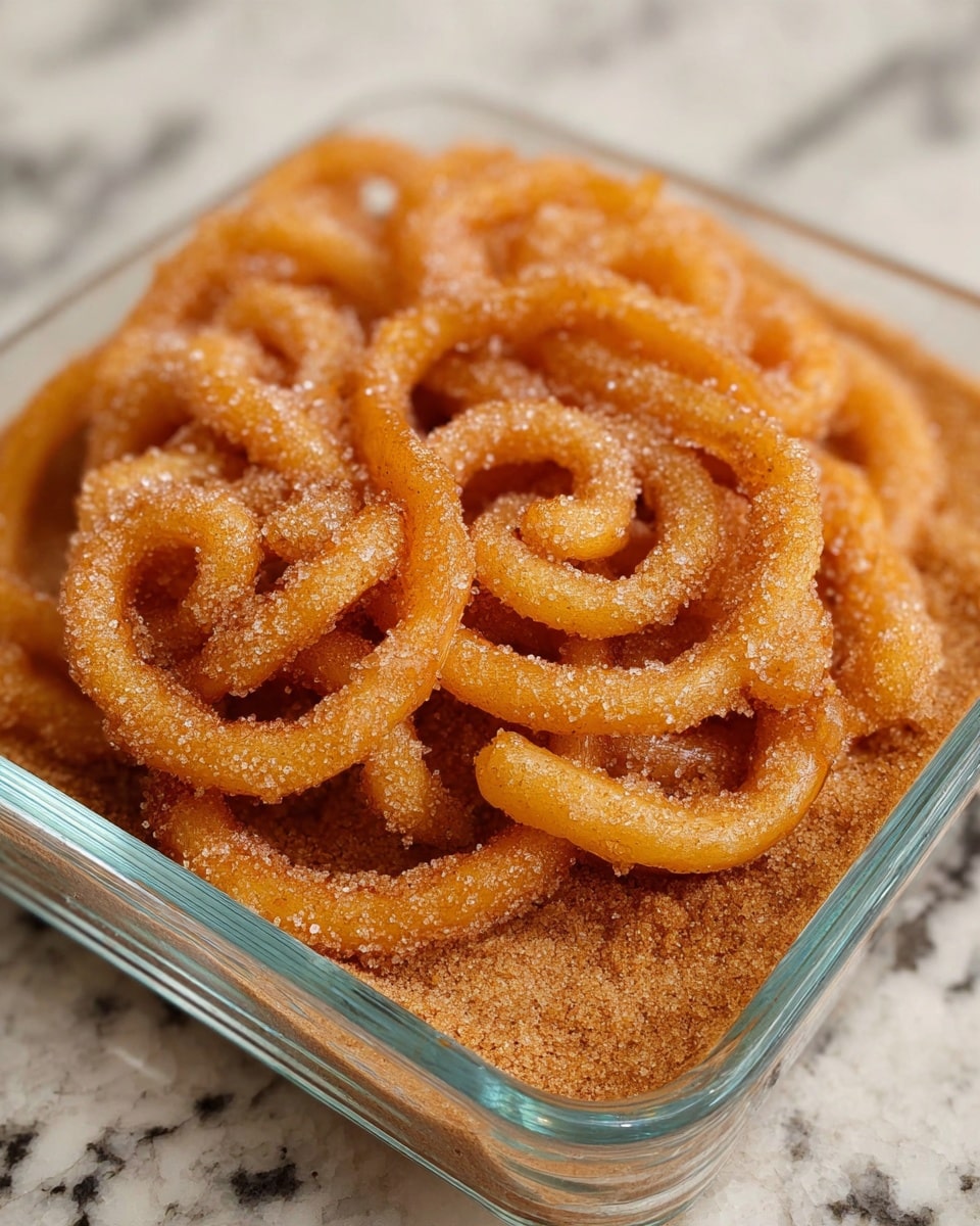 A golden brown jalebi lies in a clear glass square dish, resting on a thick bed of light brown cinnamon sugar. The jalebi is round and spiraled with a crisp texture and is coated evenly with granulated sugar. The image shows close-up details of the sugary crystallized surface and the soft curls of the jalebi. The dish is placed on a white marbled surface, giving a clean and bright contrast to the warm tones of the dessert. photo taken with an iphone --ar 4:5 --v 7