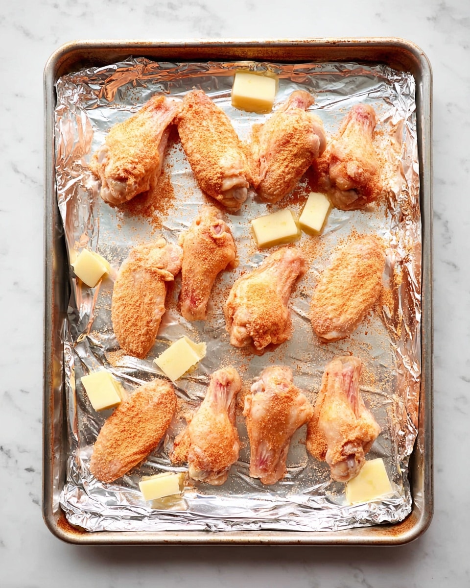 A baking tray lined with crinkled silver foil sits on a white marbled surface. On the foil, there are eleven uncooked pieces of chicken wings, each coated with a light reddish-orange powdery seasoning. Small chunks of pale yellow butter are placed next to each chicken piece, slightly uneven in size. The chicken pieces are spread out in a somewhat grid-like arrangement, with some spacing between them, and the tray edges show slight signs of browning from previous use. photo taken with an iphone --ar 4:5 --v 7