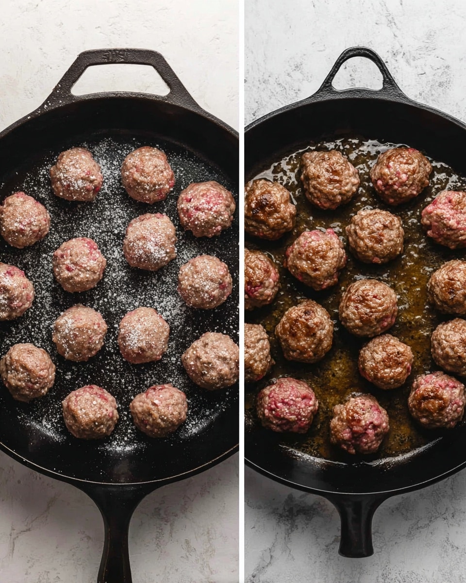 The image shows a black cast iron pan from above with small round raw meatballs arranged evenly inside, sprinkled with coarse salt, on the left side. On the right side, the same pan and meatballs are seen after cooking, with a browned and slightly crispy outside surface, though some meatballs still have bits of pink visible, sitting in a dark, oily pan. The background is a white marbled surface. photo taken with an iphone --ar 4:5 --v 7