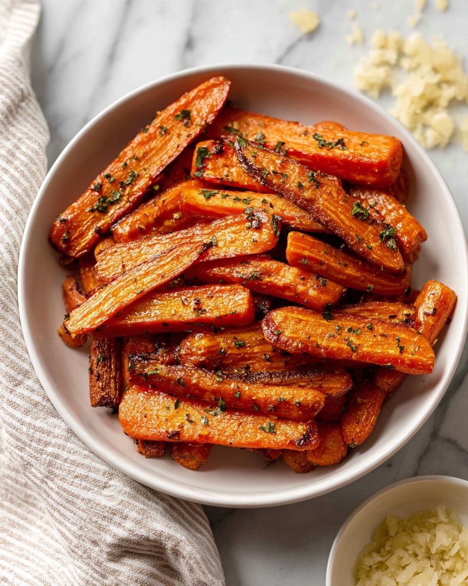 A white bowl is filled with bright orange roasted carrot sticks, showing a mix of slightly charred edges and a textured surface with visible herbs sprinkled throughout, mainly green flecks evenly scattered on top. The carrot pieces vary in size and are piled tight inside the bowl. The bowl sits on a white marbled surface with a soft, light-colored striped cloth draped around one side. Photo taken with an iphone --ar 4:5 --v 7