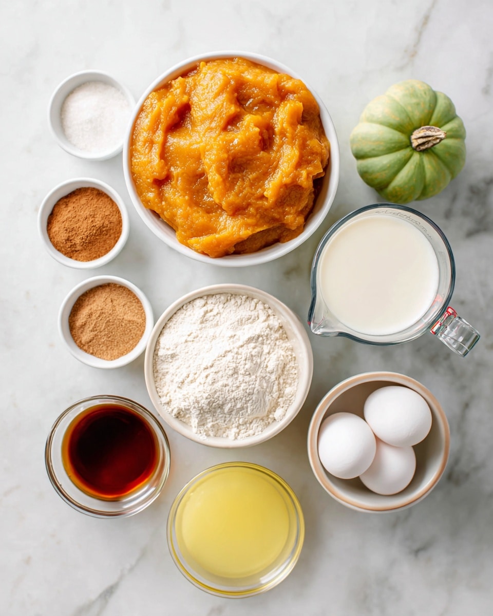 The image shows eight small white bowls and a glass measuring cup arranged on a white marbled surface. There is a white bowl filled with orange pumpkin puree at the top center, next to a glass measuring cup containing white milk on the right. Below the pumpkin puree is a white bowl with white flour. To the left of the flour bowl, a smaller white bowl holds brown cinnamon and white salt powder. Below the flour bowl are two white bowls, one with brown sugar and white granulated sugar mixed, and the other with dark brown vanilla extract. Two white eggs are placed side by side near the milk, and a glass cup with melted yellow butter is at the bottom of the image. The setup is clean and bright. photo taken with an iphone --ar 4:5 --v 7