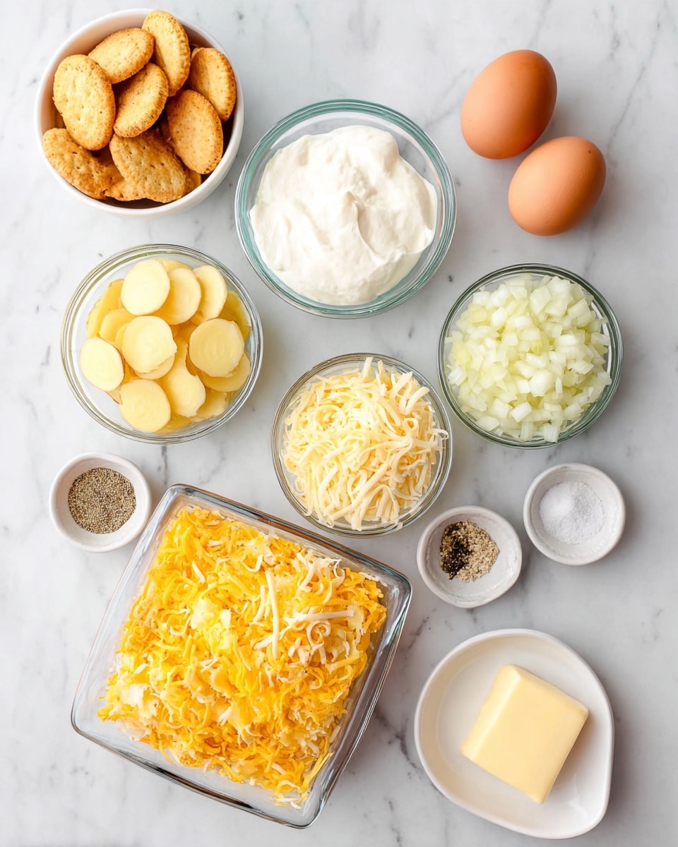 The image shows several small bowls and dishes placed on a white marbled surface, each containing different ingredients. There are two whole brown eggs in a white bowl on the top right. To the left of the eggs is a small white bowl with round golden crackers. Below the crackers is a clear glass bowl filled with thick white sour cream. Next to the sour cream is another clear bowl with finely chopped white onion. Below the onion, a white bowl holds thin pale yellow round slices of yellow squash. To the right of the squash is a white bowl filled with shredded bright orange cheddar cheese. Above the squash is another white bowl containing shredded pale yellow parmesan cheese. At the bottom right, a small white dish holds a square of pale yellow unsalted butter. Near the butter are two small bowls with minced white garlic, coarse white kosher salt, and cracked black pepper in a small grayish bowl. The ingredients are neatly arranged with labels and the photo is taken with an iphone --ar 4:5 --v 7