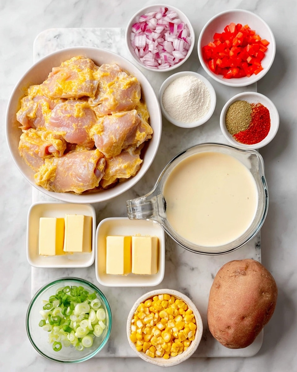 The image shows various cooking ingredients arranged neatly on a white marbled surface. At the center top, there is a white bowl filled with raw pink chicken thighs. Surrounding it are smaller white bowls containing diced red onion, bright red diced bell pepper, minced garlic, red paprika powder, beige onion powder, white all-purpose flour, fine salt and black pepper side by side, and three solid blocks of pale yellow butter. Below these bowls, there are two clear measuring cups, one filled with light golden chicken broth and the other with creamy white heavy cream. Towards the bottom, there is a yellow frozen corn in a white bowl, a whole brown russet potato, and sliced green onions in another white bowl, all laid out clearly and evenly spaced. photo taken with an iphone --ar 4:5 --v 7