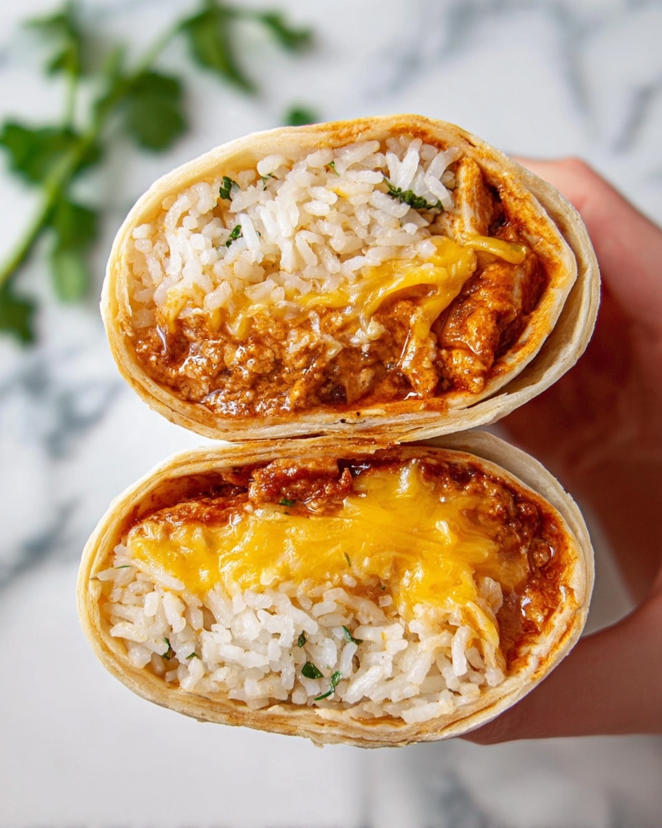 A close-up view of a rolled tortilla cut in half, held by a woman's hand, showing its three main layers: the outer golden-brown tortilla wrap, a middle layer of white rice mixed with a reddish sauce, and an inner layer of bright yellow melted cheese with a slightly creamy texture. The background features a white marbled surface with faint green leaves blurred out, giving a fresh and clean look. The focus is on the soft and slightly moist filling inside the tortilla halves. photo taken with an iphone --ar 4:5 --v 7