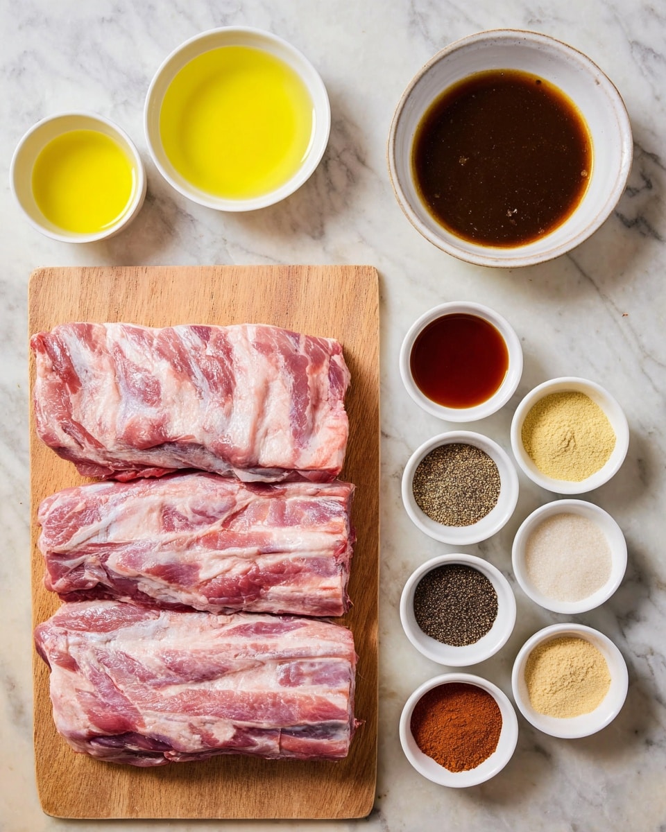 Two large pieces of raw pork ribs with pink and white marbling are placed side by side on a wooden cutting board at the bottom of the image. Above the ribs on a white marbled surface are ten small white bowls arranged in two rows: the top row has three larger bowls filled with yellow oil, light yellow liquid, and thick dark brown sauce from left to right; the bottom row has seven smaller bowls containing black pepper, light brown granules, pale yellow granules, white granules, brown powder, reddish brown powder, and a dark amber liquid from left to right. The presentation is neat and clean with an overhead view. photo taken with an iphone --ar 4:5 --v 7