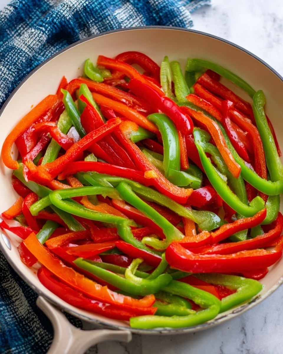The image shows a white pan filled with thin, long strips of red and green bell peppers, mixed evenly across the pan's surface. The peppers look fresh with a shiny texture, some slightly curved and overlapping each other, giving a lively, colorful contrast between the bright red and green colors. The pan is placed on a white marbled surface with a blue checkered cloth partially visible in the background. photo taken with an iphone --ar 4:5 --v 7