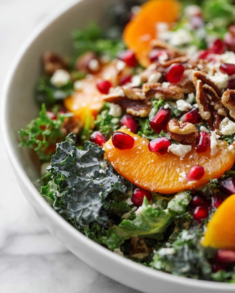 A close-up view of a fresh salad in a white bowl, showing one layer of dark green leafy kale with a slightly bumpy texture, topped with bright orange slices of persimmon, scattered clusters of small, red pomegranate seeds, and sprinkled with small pieces of brown toasted nuts. There are also small white crumbly bits of cheese spread across the salad, all resting on a white marbled surface. photo taken with an iphone --ar 4:5 --v 7