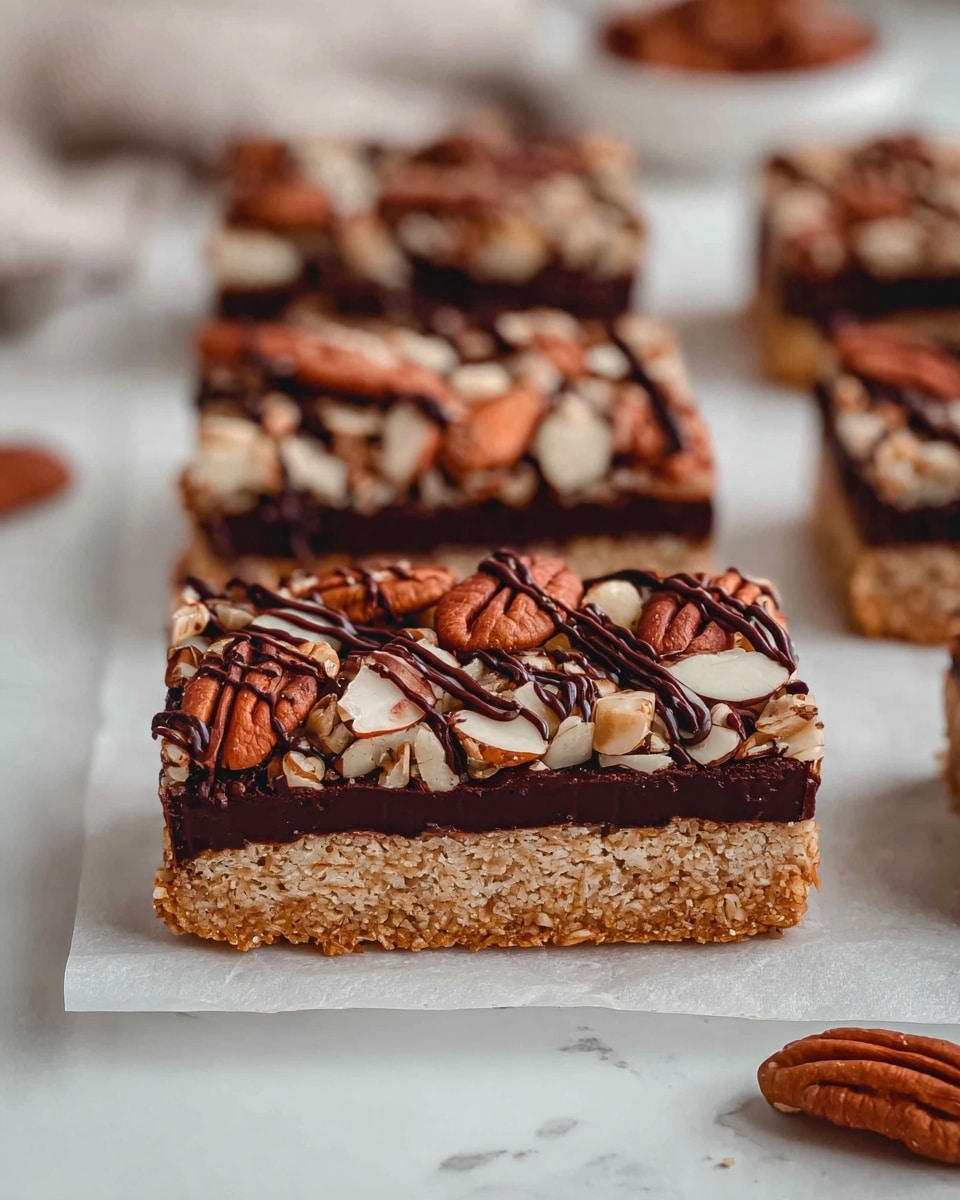 The image shows several rectangular bars arranged on white parchment paper over a white marbled surface. Each bar has three layers: the bottom layer is a light golden-brown oat base with a rough texture, the middle layer is a smooth dark chocolate strip, and the top layer is covered with whole and chopped pecans and almonds in brown and light beige hues. Thin drizzles of dark chocolate decorate the nuts on top, adding a shiny and textured look. The bars are neatly lined up in rows, with a soft focus on the background bars, and the foreground bar is the sharpest. Photo taken with an iphone --ar 4:5 --v 7