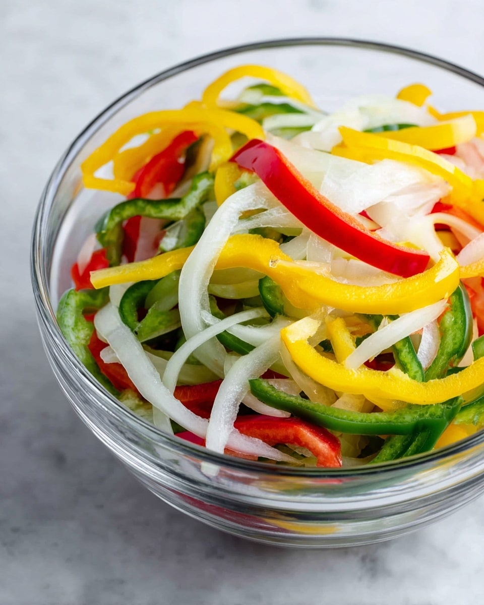 A clear glass bowl filled with three layers of thin vegetable slices, showing long strips of green bell pepper, bright red bell pepper, yellow bell pepper, and white onion mixed evenly together. The vegetables have a fresh, crisp look with smooth and slightly shiny surfaces. The bowl is placed on a white marbled surface that softly reflects the clear bowl and colorful vegetables inside. Photo taken with an iphone --ar 4:5 --v 7