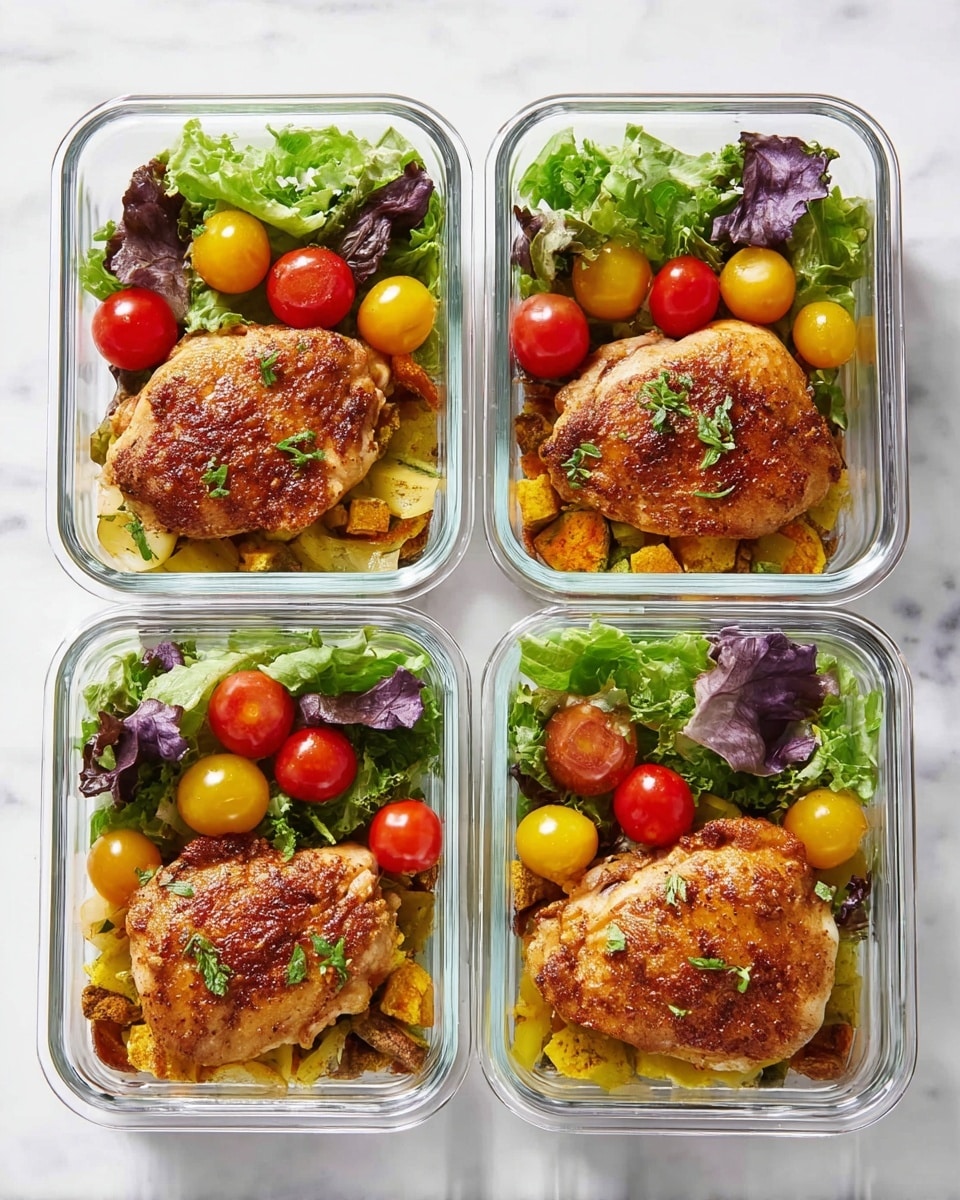 Four clear rectangular glass containers each have two sections. In the larger section, there is a single cooked, golden-brown piece of chicken sitting on a layer of cooked yellow and brown vegetables with a slightly soft texture. In the smaller section, there is fresh green and purple lettuce topped with halved red and yellow cherry tomatoes. The containers are placed on a white marbled surface. Photo taken with an iphone --ar 4:5 --v 7