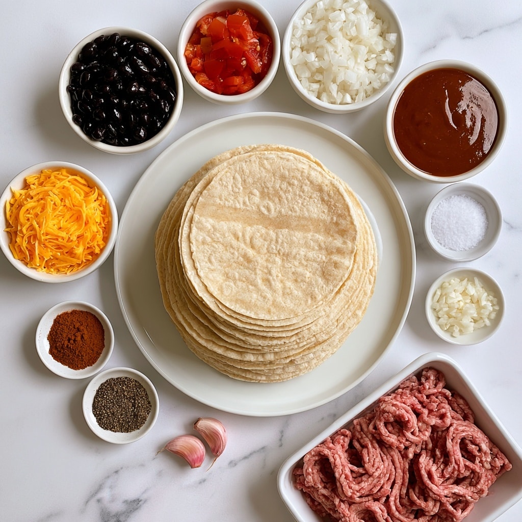 A white round plate holds a neat stack of pale beige corn tortillas with a soft texture, positioned on a white marbled surface. Surrounding the plate are several small white bowls: one contains shiny black beans with a smooth surface, another has bright orange shredded cheddar cheese with fine strands, and a third is filled with white shredded Monterey Jack cheese, also finely shredded. A rectangular white tray in the center holds pink ground beef with a slightly coarse texture in tight loops. Another white bowl contains small, bright red diced tomatoes. Below these, a shallow white bowl is filled with smooth, rich brown enchilada sauce. There are also tiny white bowls with chili powder (deep reddish-brown powder), salt (white granules), cumin (light brown powder), and black pepper (coarse dark grains). Two garlic cloves with light pink skin rest near the spices, and a small white bowl of finely chopped white onion completes the arrangement. All items are on a white marbled surface, with text labels identifying each ingredient. Photo taken with an iphone --ar 4:5 --v 7