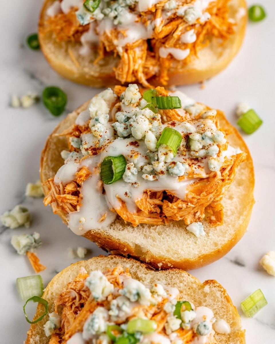 The image shows a close-up of three open-faced sandwiches on a white marbled surface. Each sandwich has two layers: the bottom layer is a soft, light golden bun with a slightly rough texture, and the top layer is shredded orange chicken piled thickly on the bun. Over the chicken, there is a drizzle of creamy white sauce and scattered small pieces of crumbly blue cheese. Green onion slices are sprinkled on top and around the sandwiches, adding a fresh green contrast. The edges of the buns are slightly uneven and the ingredients look moist and fresh. Photo taken with an iphone --ar 4:5 --v 7