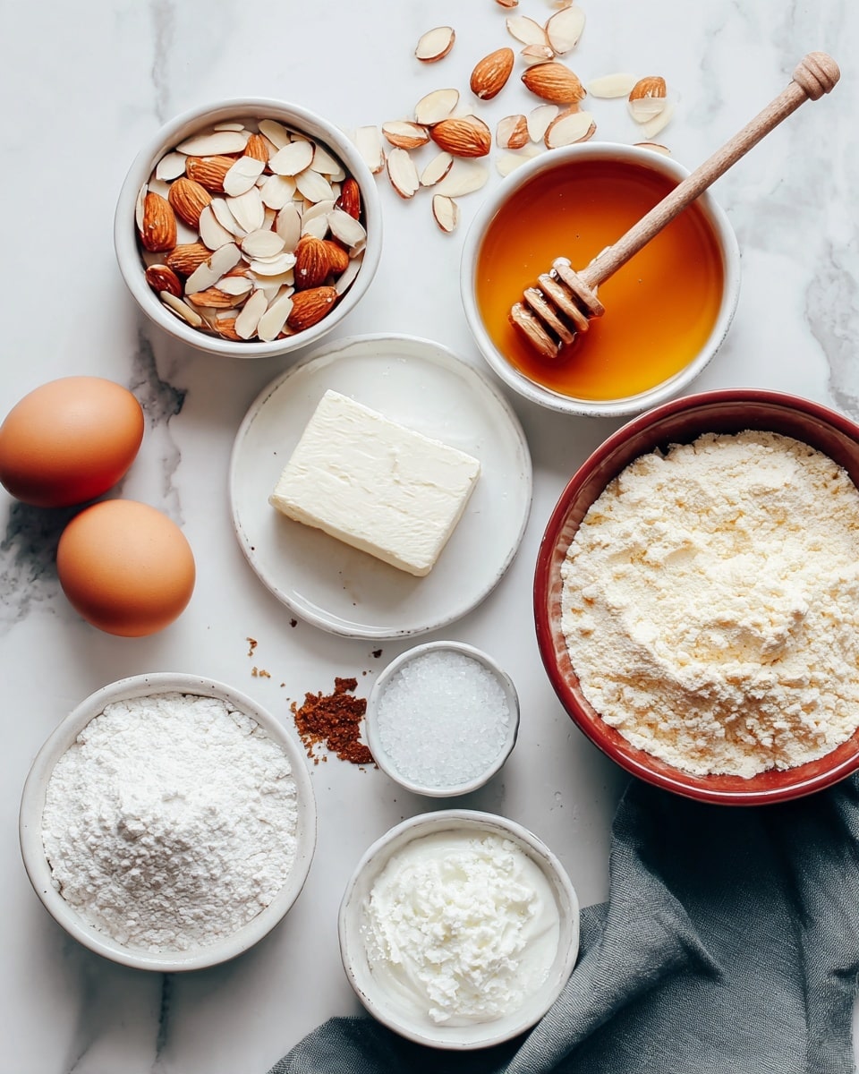 The image shows a flat layout of baking ingredients on a white marbled surface with a gray cloth on the bottom right corner. From the top left, there is a small white bowl filled with sliced almonds with some almonds scattered around it. To its right, there is a white bowl filled with golden brown honey with a wooden honey dipper resting inside. Below the almond bowl, there is a small white plate holding a soft block of white cream cheese. Below the honey bowl, two brown eggs sit together in a white bowl. Near the center are two small bowls, one with coarse white salt and the other with finer white salt. Next to the eggs bowl, there is a small empty white bowl. To the bottom left of the plate, there is a white bowl filled with white flour, and below that, a larger white bowl filled with finely ground almond flour. Above this, a white bowl contains creamy white yogurt. Photo taken with an iphone --ar 4:5 --v 7