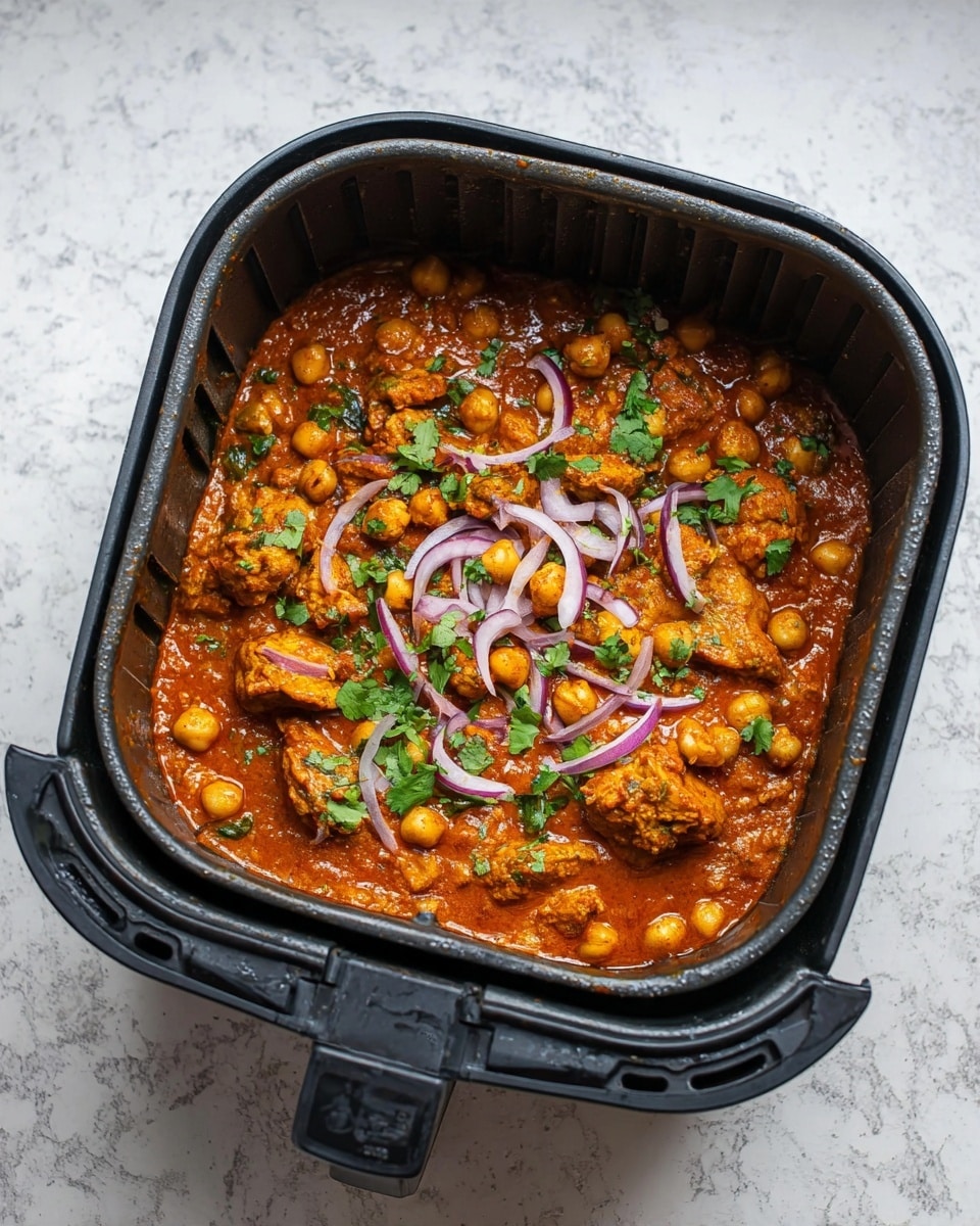 A black square air fryer basket filled with a richly colored red-orange curry with visible chunks of cooked chicken and round chickpeas mixed into the sauce. On top, there are thin, curly slices of light purple onion scattered evenly, along with fresh green cilantro leaves adding a pop of color. The curry has a thick, smooth texture with some areas slightly darker from cooking. The basket sits on a white marbled surface. photo taken with an iphone --ar 4:5 --v 7