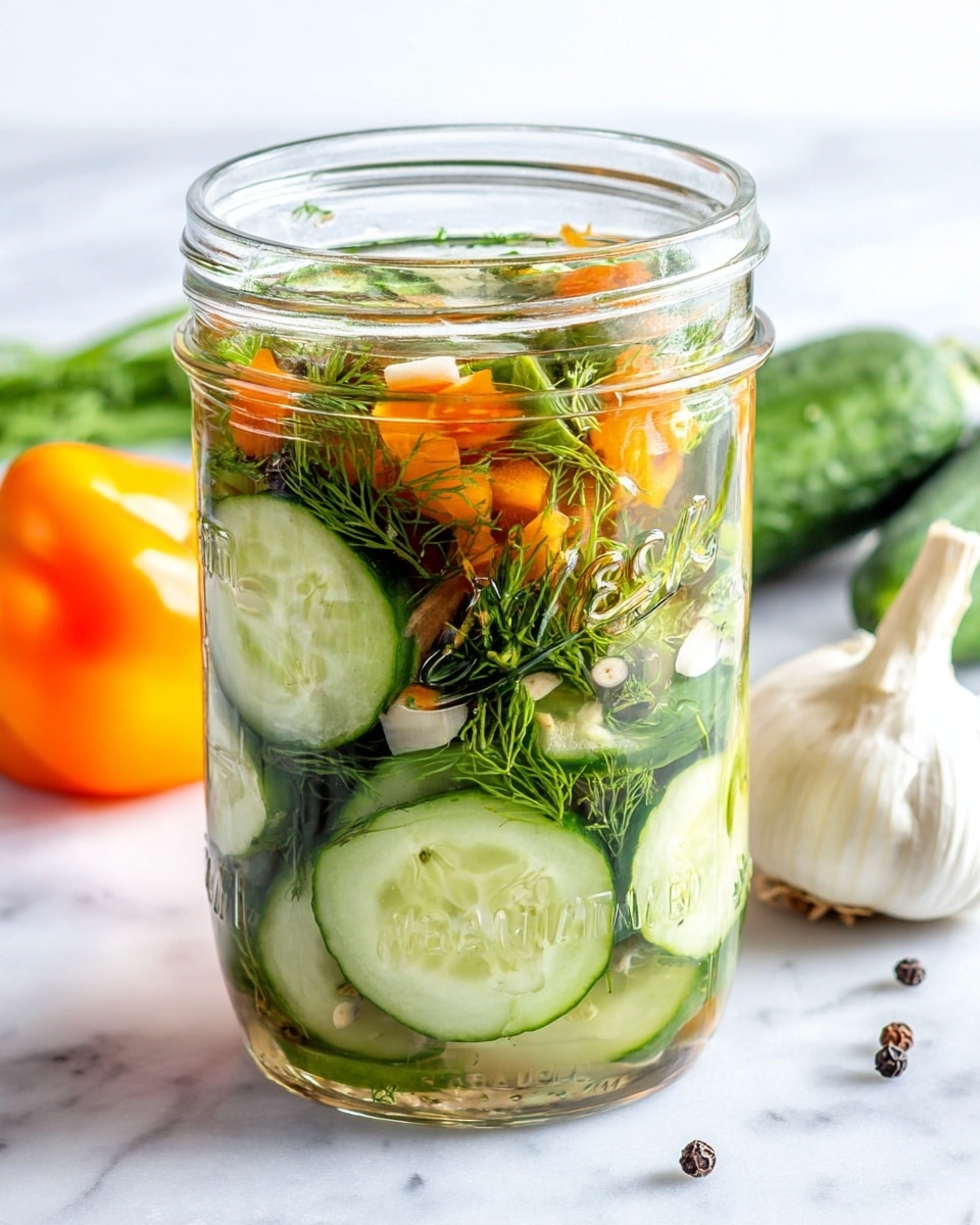A clear glass jar filled with layers of pickled vegetables sits on a white marbled surface. At the bottom, there are round slices of light green cucumber with small seeds, mixed with sprigs of dark green dill. Above this, bright orange pepper pieces add a pop of color, along with some white garlic cloves and more green dill scattered throughout. Whole black peppercorns are spread inside, floating in clear brine that fills the jar near the top. The jar is branded