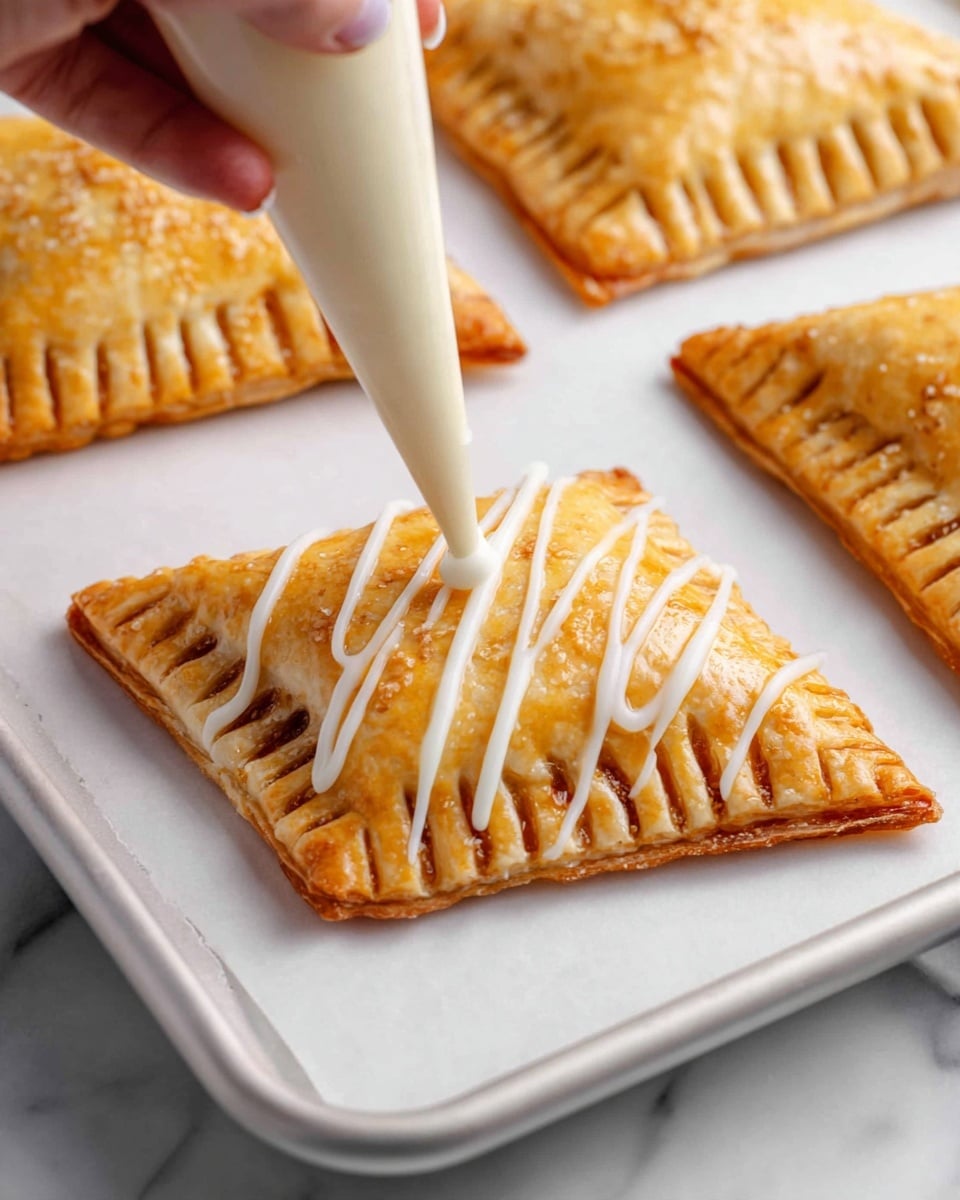 A close-up of four golden brown triangular pastries with a crimped edge pattern on a white baking tray. One pastry in the front center is being decorated with white icing in diagonal stripes by a woman's hand holding a piping bag. The pastries have a flaky texture and are evenly baked with a slight shine on top. The background is a white marbled surface. photo taken with an iphone --ar 4:5 --v 7