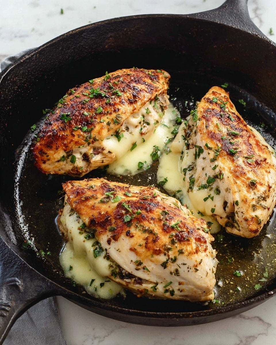 Three cooked chicken breasts are in a black cast iron pan on a white marbled surface. Each chicken breast has a golden brown top layer with some darker charred spots and is stuffed with melted creamy pale yellow cheese visible beneath the chicken. The chicken pieces are sprinkled with small pieces of chopped green herbs. Some oil or juices glisten around the chicken, adding a slight shine to the pan. Photo taken with an iphone --ar 4:5 --v 7