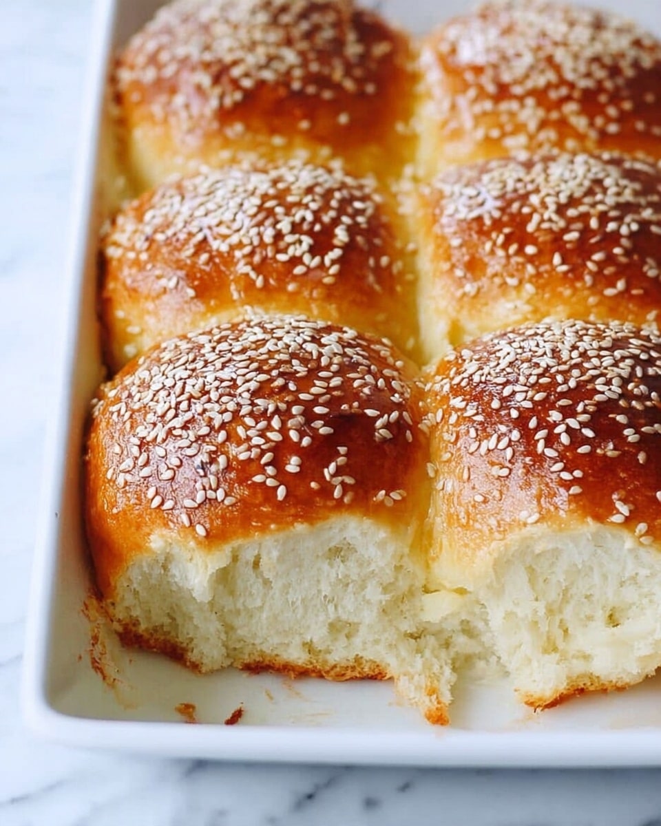 The image shows a white baking dish with six soft bread rolls lined up in two rows of three. Each roll has a shiny golden brown top covered with many white sesame seeds. The rolls are fluffy and light in color inside, visible where one has been pulled apart at the corner. The bread texture looks soft and airy. The dish is placed on a white marbled surface. Photo taken with an iphone --ar 4:5 --v 7